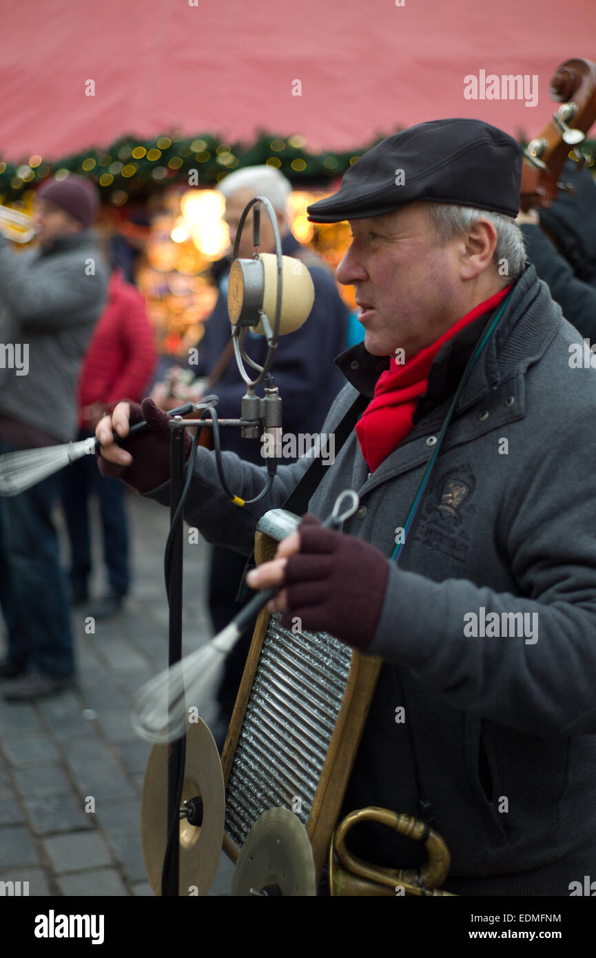 Singer with a Jazz band playing in the Old Town Square Christmas Market Prague Stock Photo