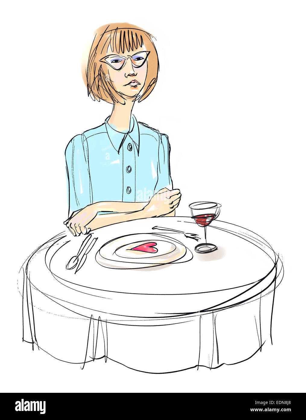 Ink and wash style illustration of a young woman with eyeglasses dining in a restaurant alone, a stylized broken heart in plate. Stock Photo