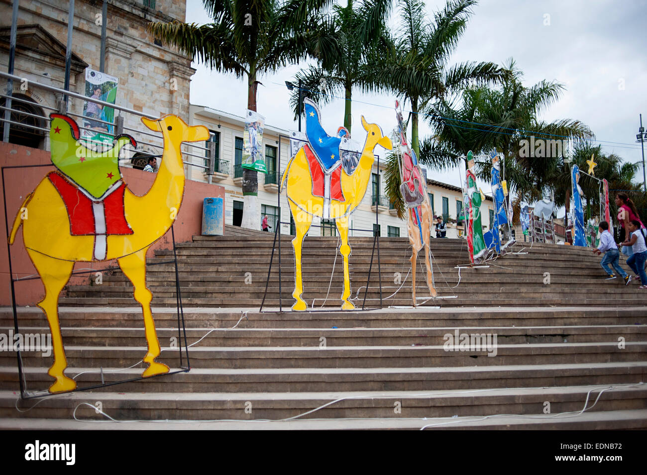 Nativity scene on steps outside the main church in Fusagasuga, Colombia