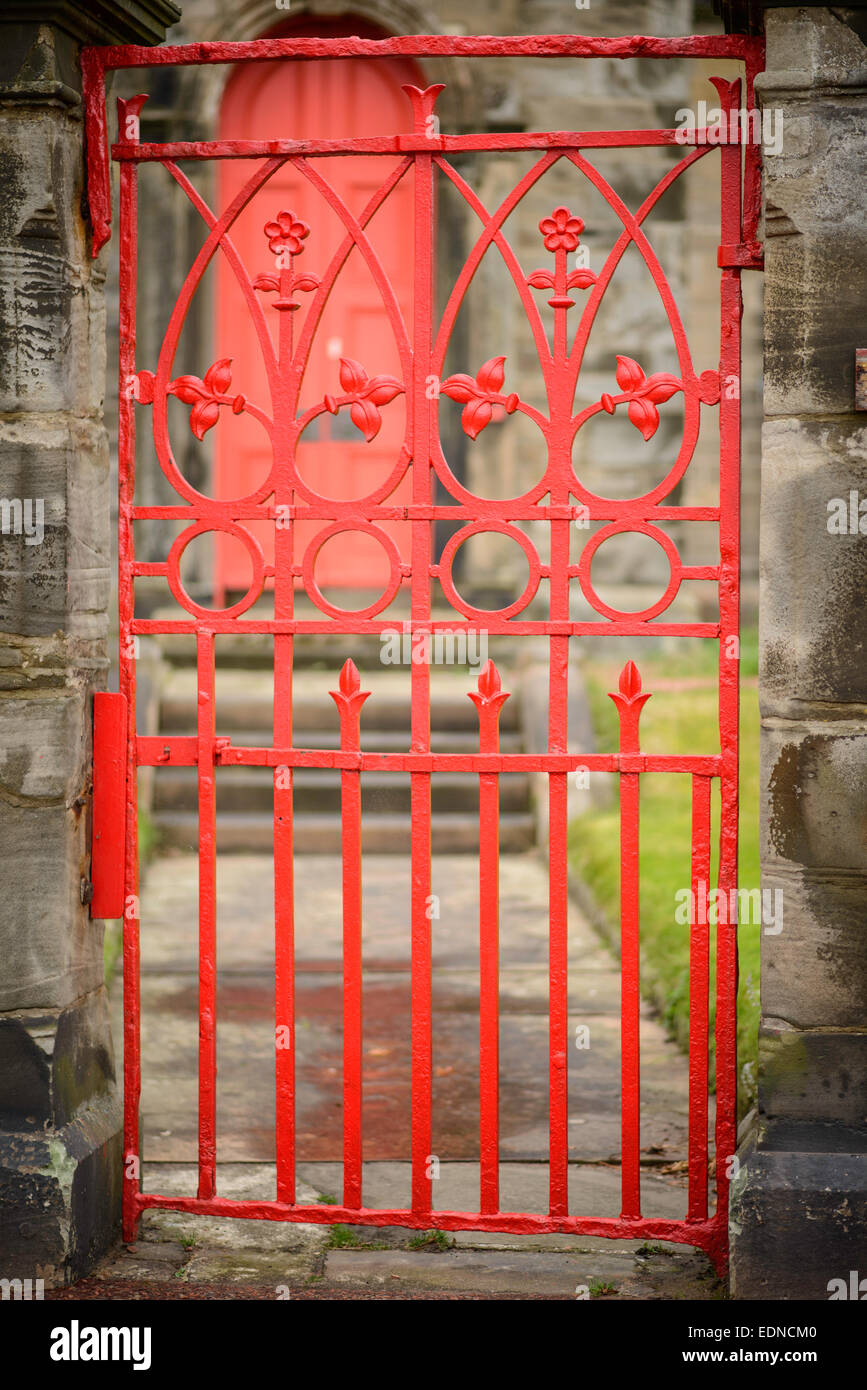 Red gate and red door Stock Photo