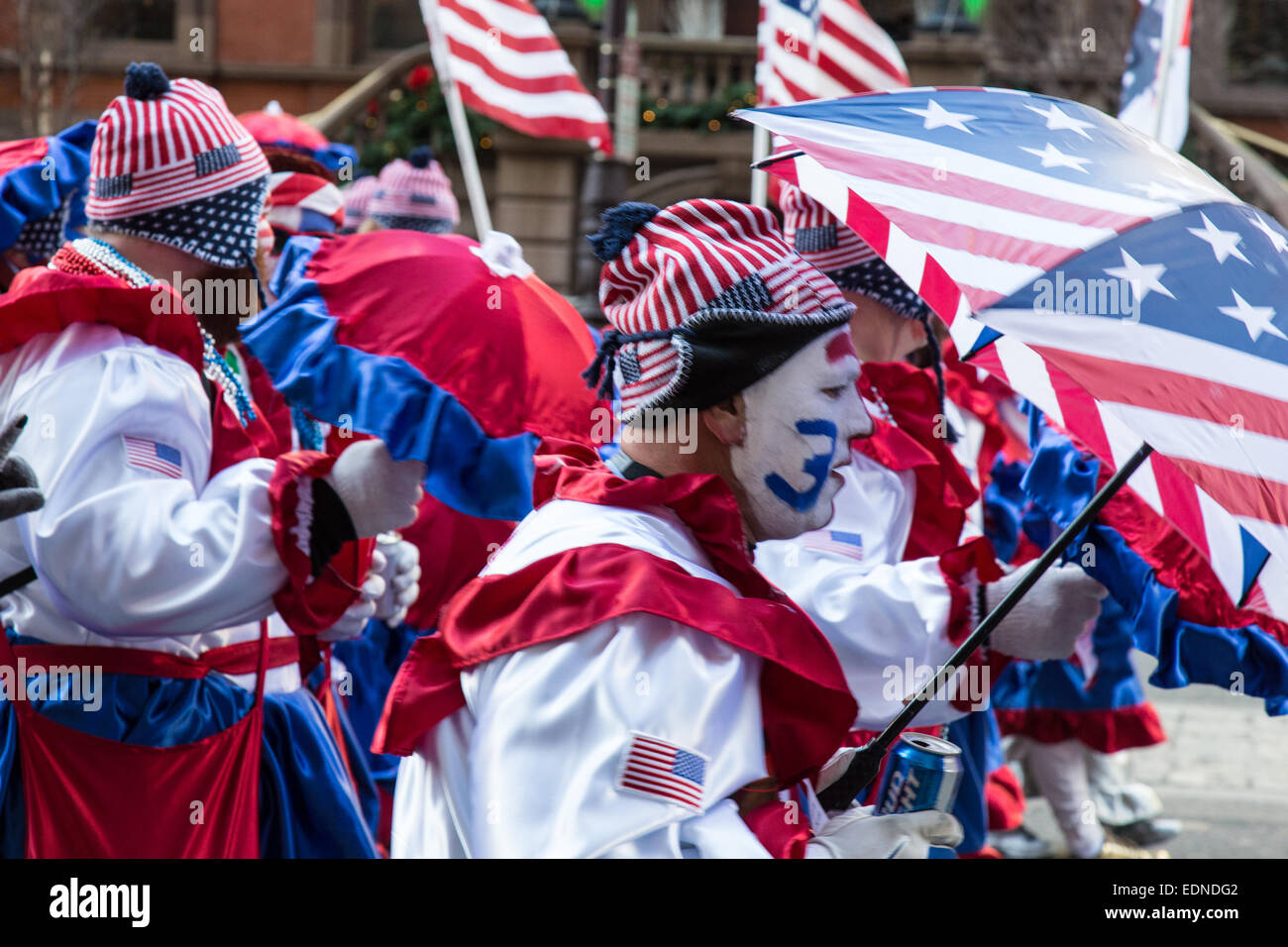 Mummer march in the annual  New Year’s Day parade. Stock Photo