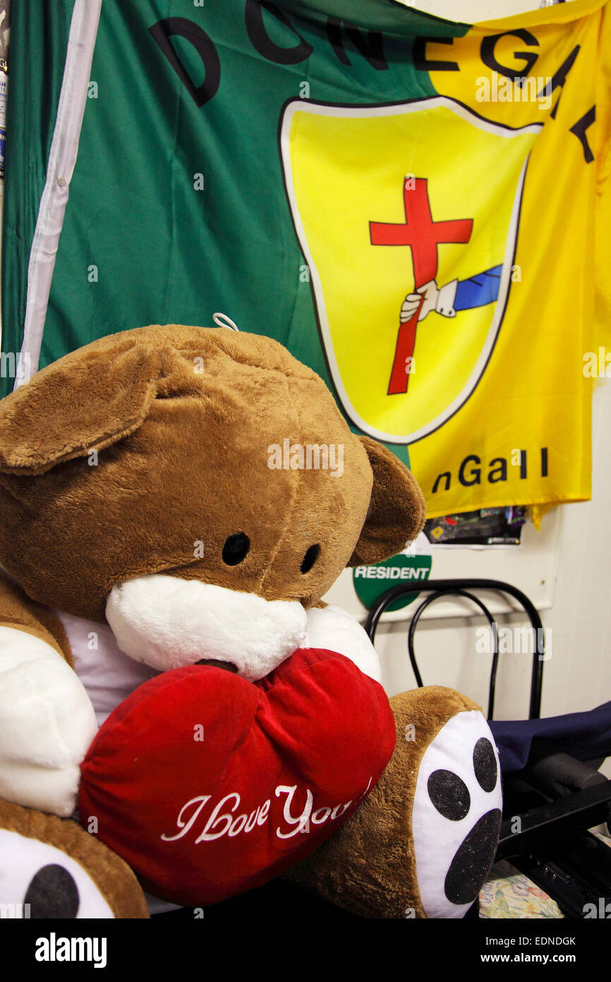 teddy-bear with 'I love you' heart in front of a Donegal flag Stock Photo