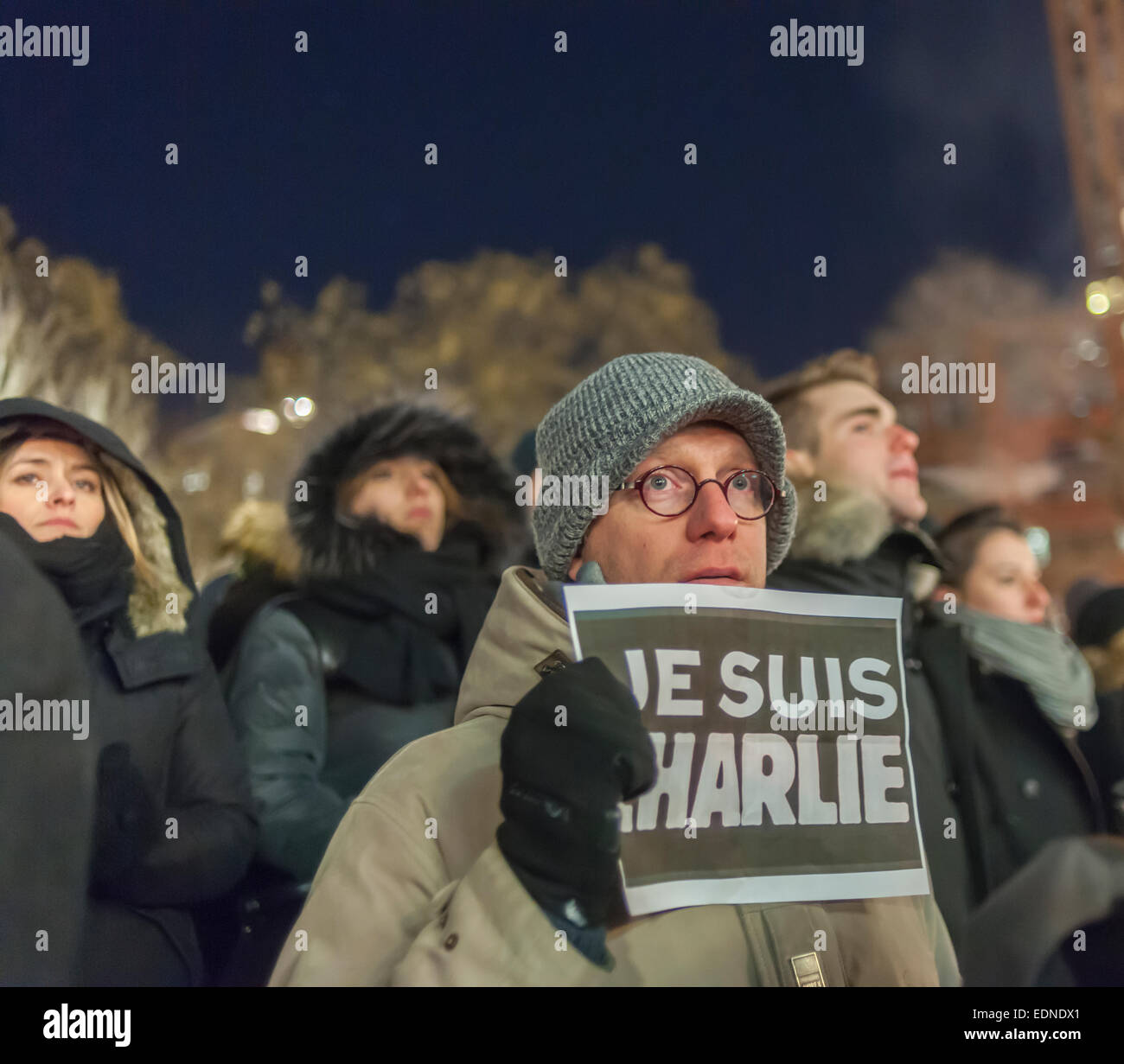 New York, USA. 07th Jan, 2015. Hundreds of people gather in Union Square in New York on Wednesday, January 7, 2014 in a vigil to protest the terrorist attack and murder in the Paris headquarters of Charlie Hebdo, a satirical magazine. The crowds stood in near silence holding placards with the words 'Je Suis Charlie' (I Am C harlie). Twelve people were murdered in the attack, the worst terror attack in Europe since the London bombing of 2005. Credit:  Richard Levine/Alamy Live News Stock Photo