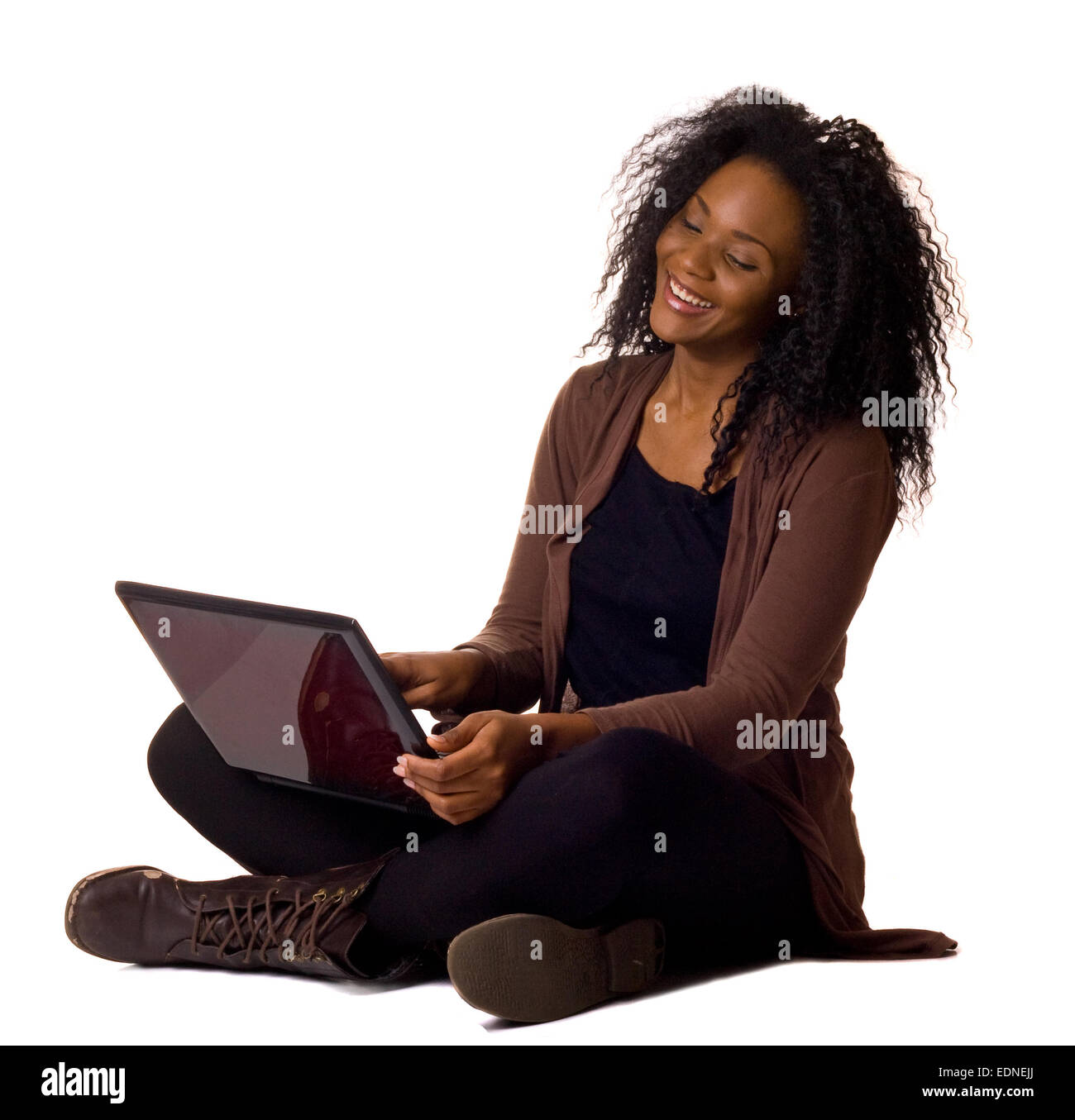 Happy young woman with laptop isolated on a white background Stock ...
