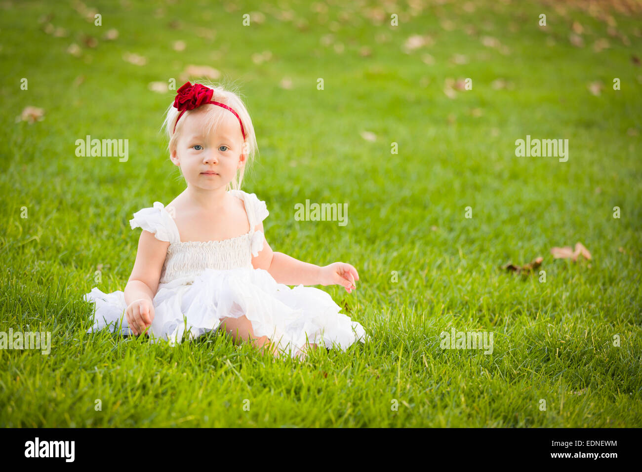 Beautiful Adorable Little Girl Wearing White Dress Sitting In A Grass ...