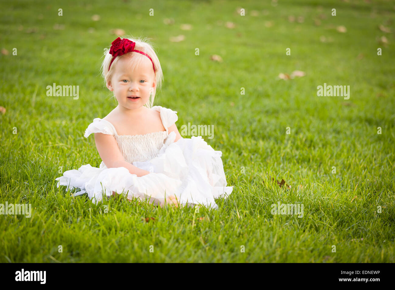 Beautiful Adorable Little Girl Wearing White Dress Sitting In A Grass ...