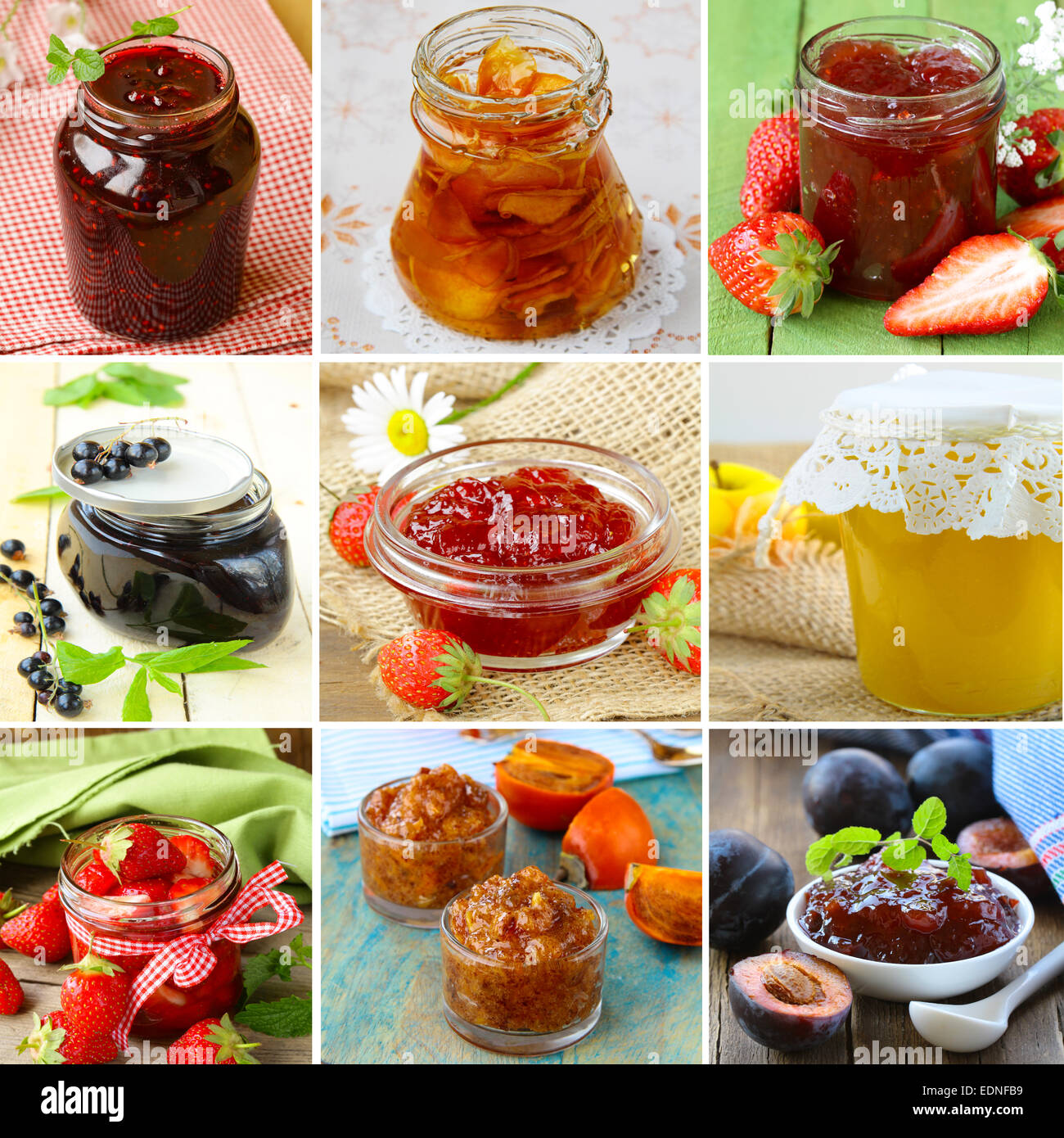 Kindsof Jam collage of different kinds of jam (strawberry, currants, raspberries ...