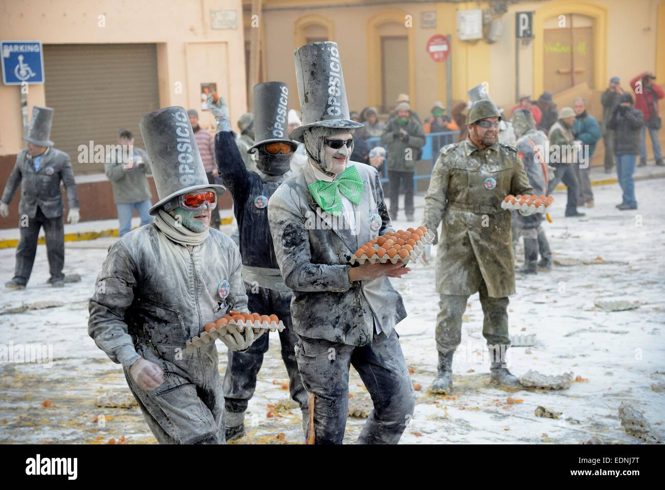 Els Enfarinats flour fight, rebels, armed with flour, eggs and firecrackers, take over the regiment of the city for one day Stock Photo