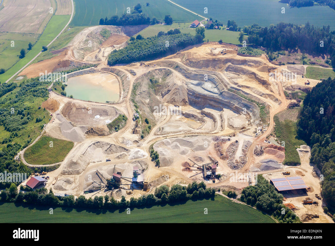 Aerial view, gravel plant, quarry, Landshut, Bavaria, Germany Stock Photo