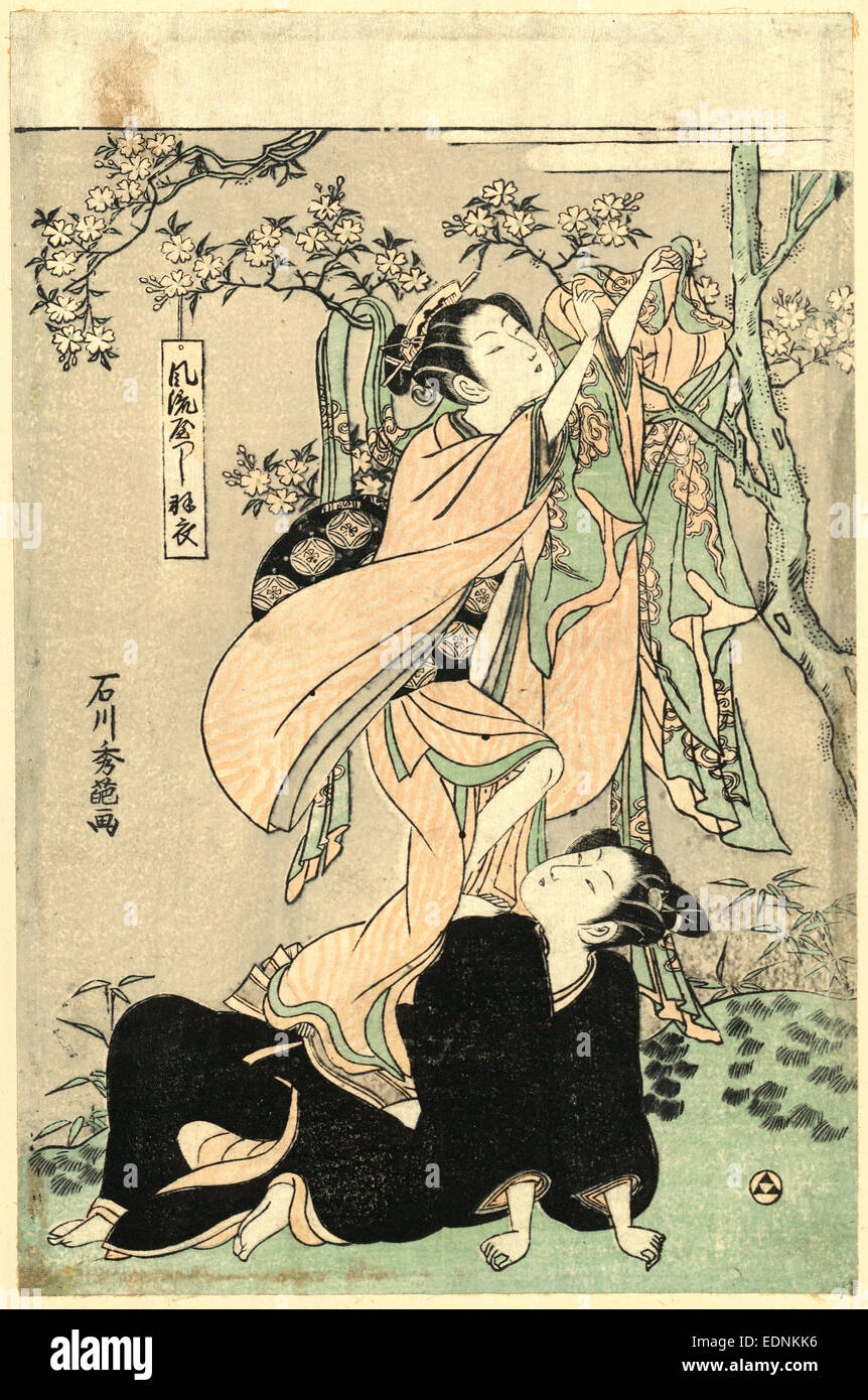 Furyu yastushi hagoromo, Updated version of Hagoromo., Ishikawa, Toyonobu, 1711-1785, artist, [between 1764 and 1772], 1 print : woodcut, color ; 25.7 x 16.8 cm., Print shows a woman (possibly the Tennin, an aerial spirit or celestial dancer) standing on a man in order to remove her feather-mantle (hagoromo or heavenly kimono) which is hanging on the branches of a tree; the man is helping her get her mantle in return for the opportunity to witness her celestial dance. Stock Photo