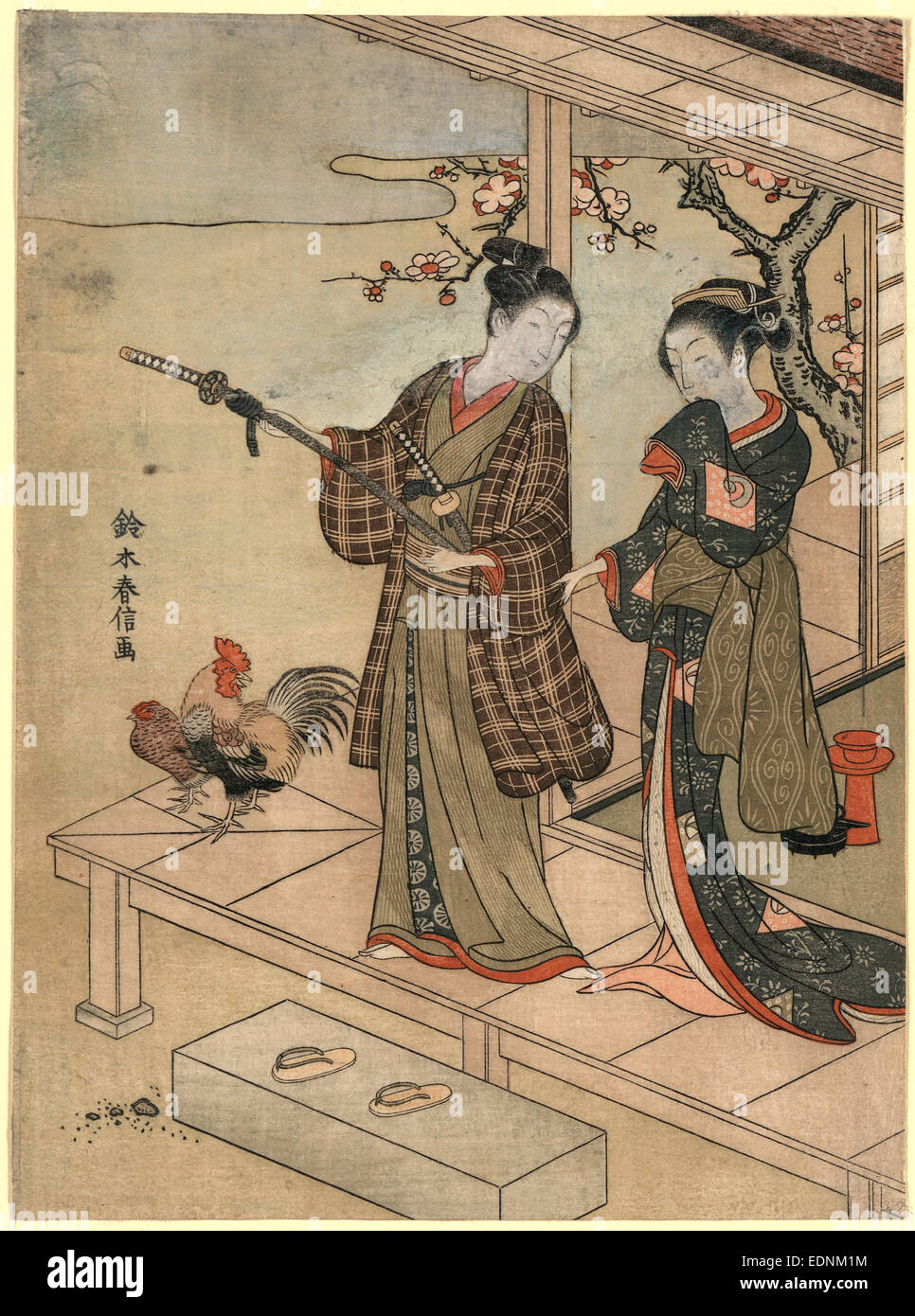 Engawa no wakashu to onna, A young dandy and a woman on a veranda., Suzuki, Harunobu, 1725?-1770, artist, [between 1767 and 1769], 1 print : woodcut, color ; 28.3 x 20.9 cm., Print shows a young man and a young woman standing on a veranda, with a rooster and a hen standing nearby. Stock Photo