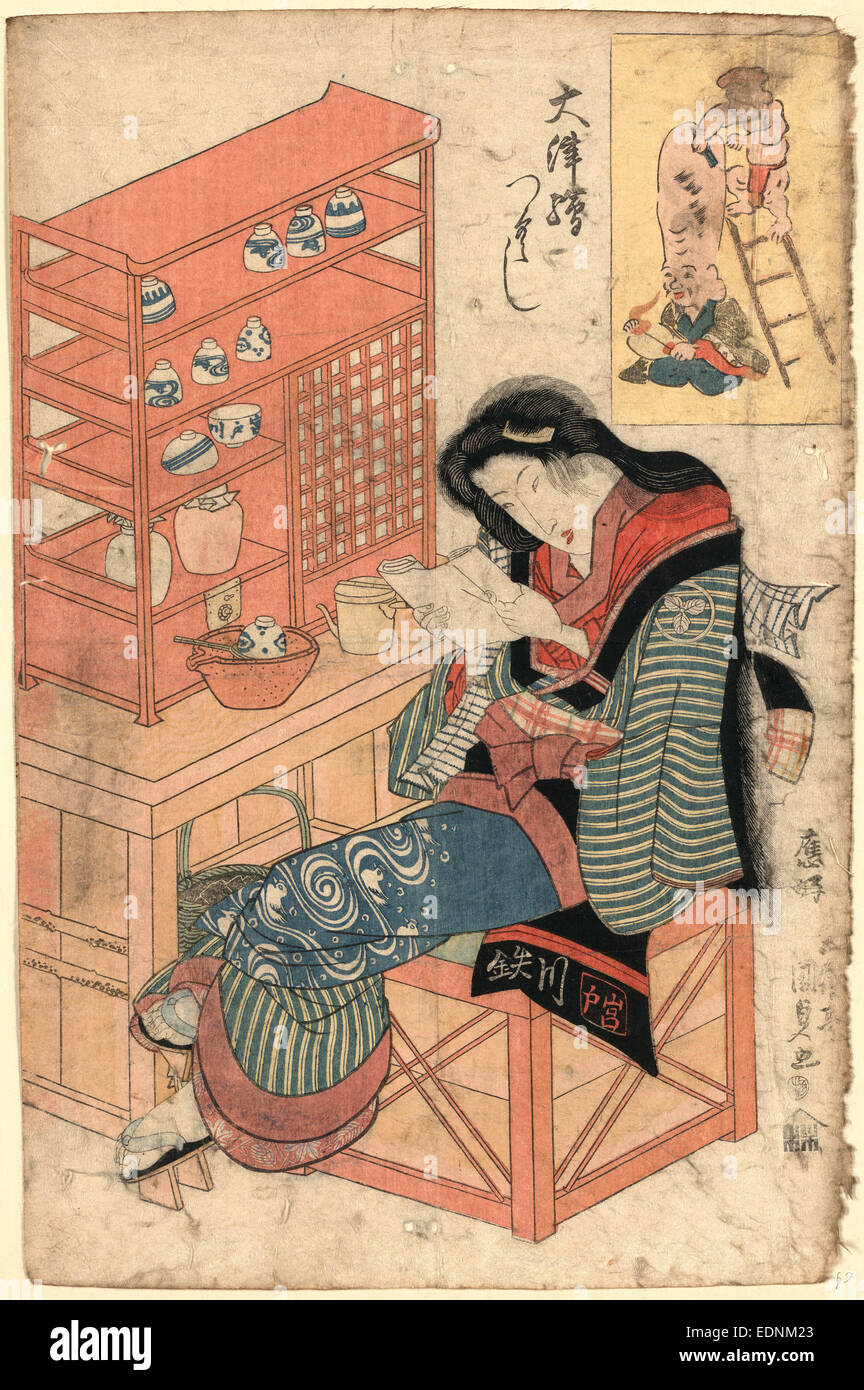 Geb[h]o no atamazori, Shaving a monk's head [Daikoku shaving Fukurokujin's head]., Utagawa, Toyokuni, 1786-1865, artist, [ between 1818 and 1830], 1 print : woodcut, color ; 37.8 x 24.7 cm., Print shows a woman reading, sitting in a chair at a cabinet containing tea service utensils, on the wall behind her is a print showing two of the seven lucky gods, Daikokuten shaving Fukurokuju's head. Stock Photo