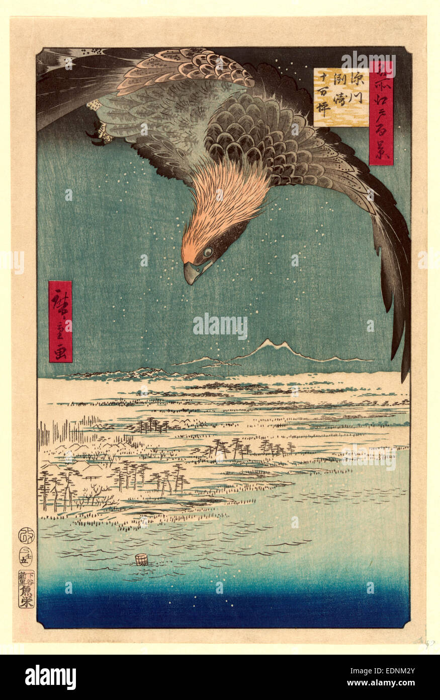 Fukagawa susaki jumantsubo, Ando, Hiroshige, 1797-1858, artist, [1857, printed later], 1 print : woodcut, color., Print shows a hawk flying above a snowy landscape along the coastline. Stock Photo