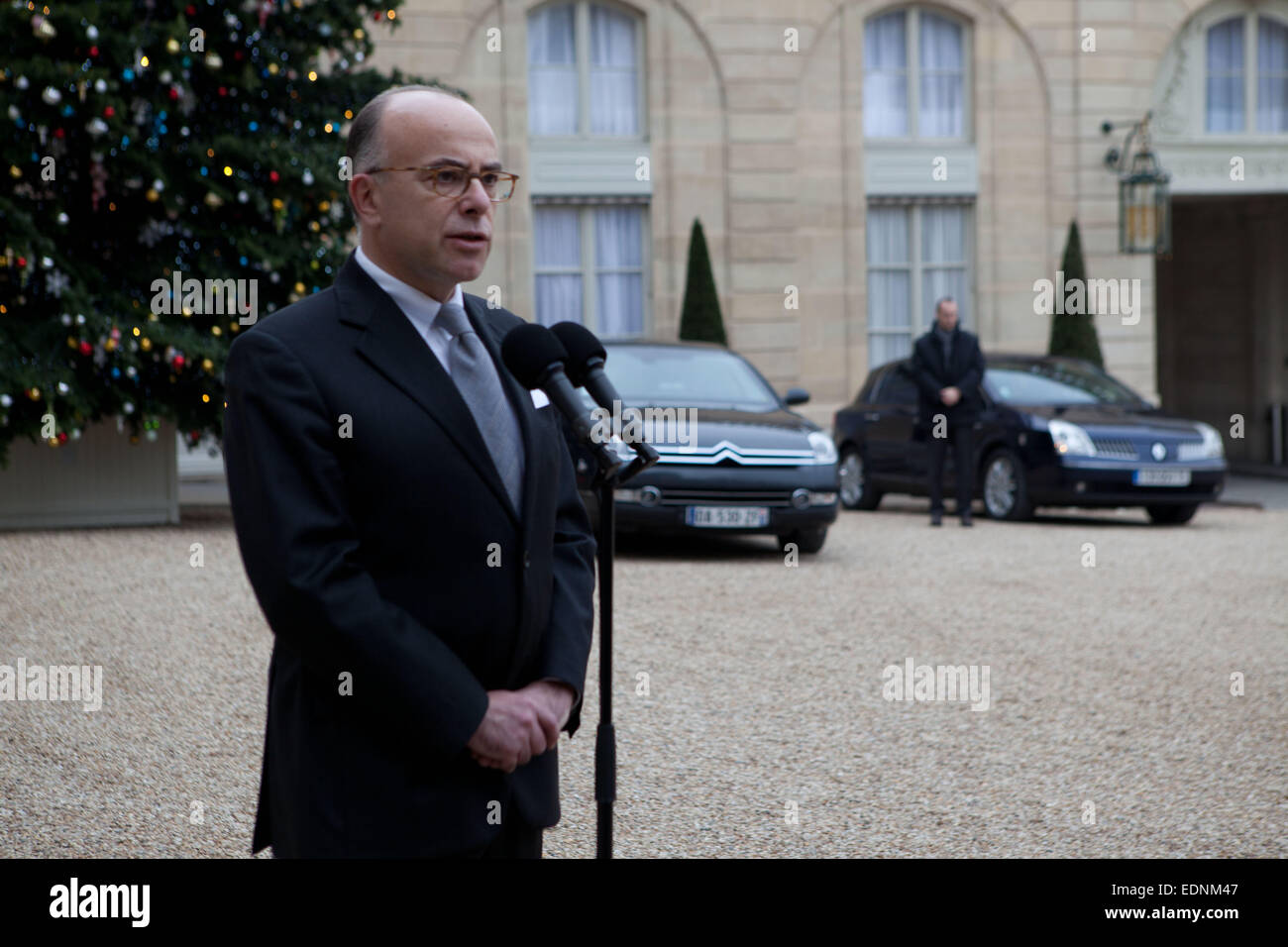 Elysee, Paris, France, Bernard Cazeneuve, Minister of Interior, speaks after the deadly shooting in Paris, who took place in the morning 07/01/2015 at the office of 'Charlie Hebdo' magazine, 12 victims, he confirmed 3 possible gunmen. Stock Photo