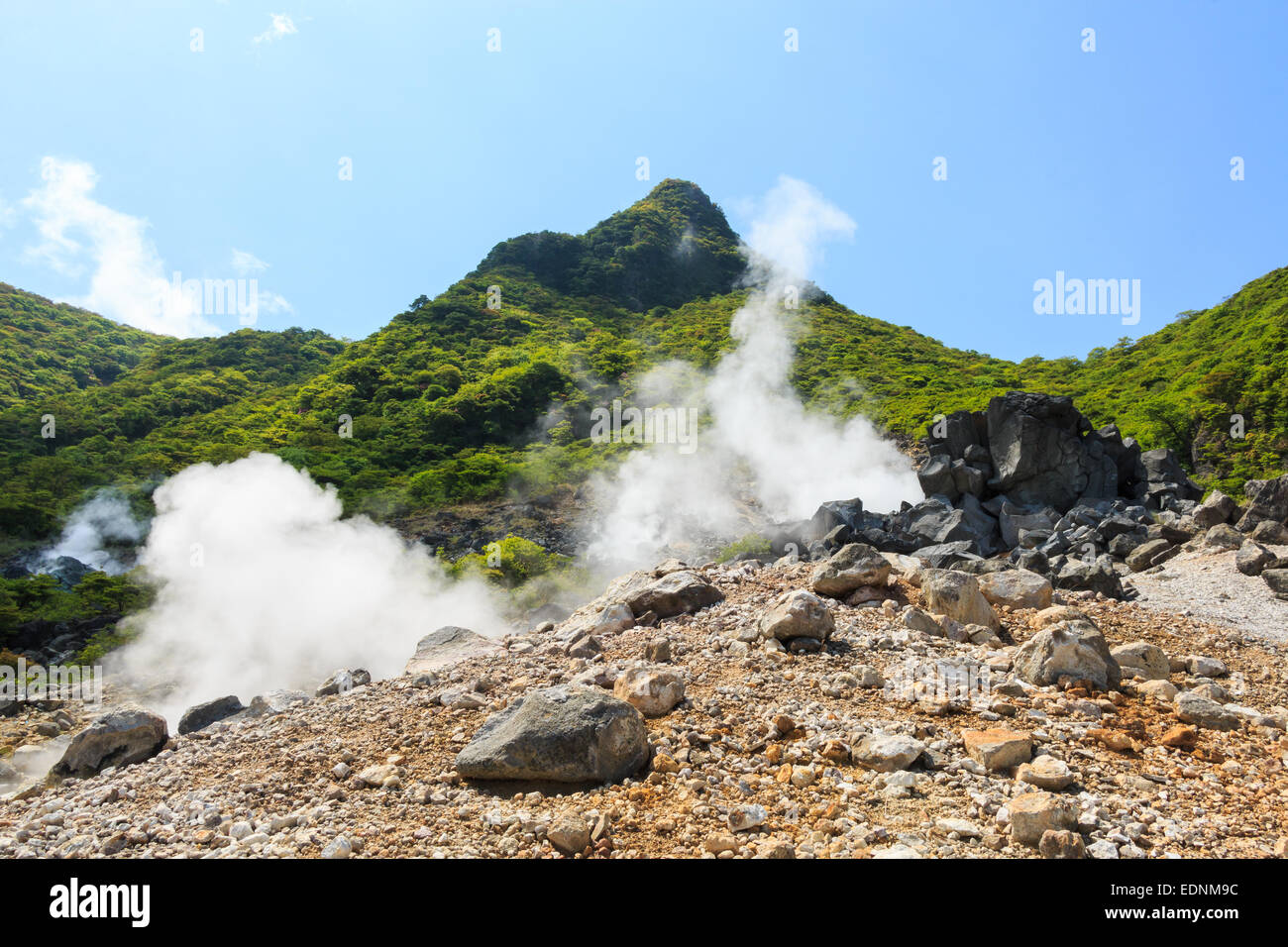 Owakudani valley ( volcanic valley with active sulphur and hot springs in Hakone, Kanagawa , Japan) Stock Photo