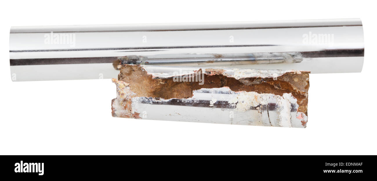 new and corroded drain metal pipe isolated on white background Stock