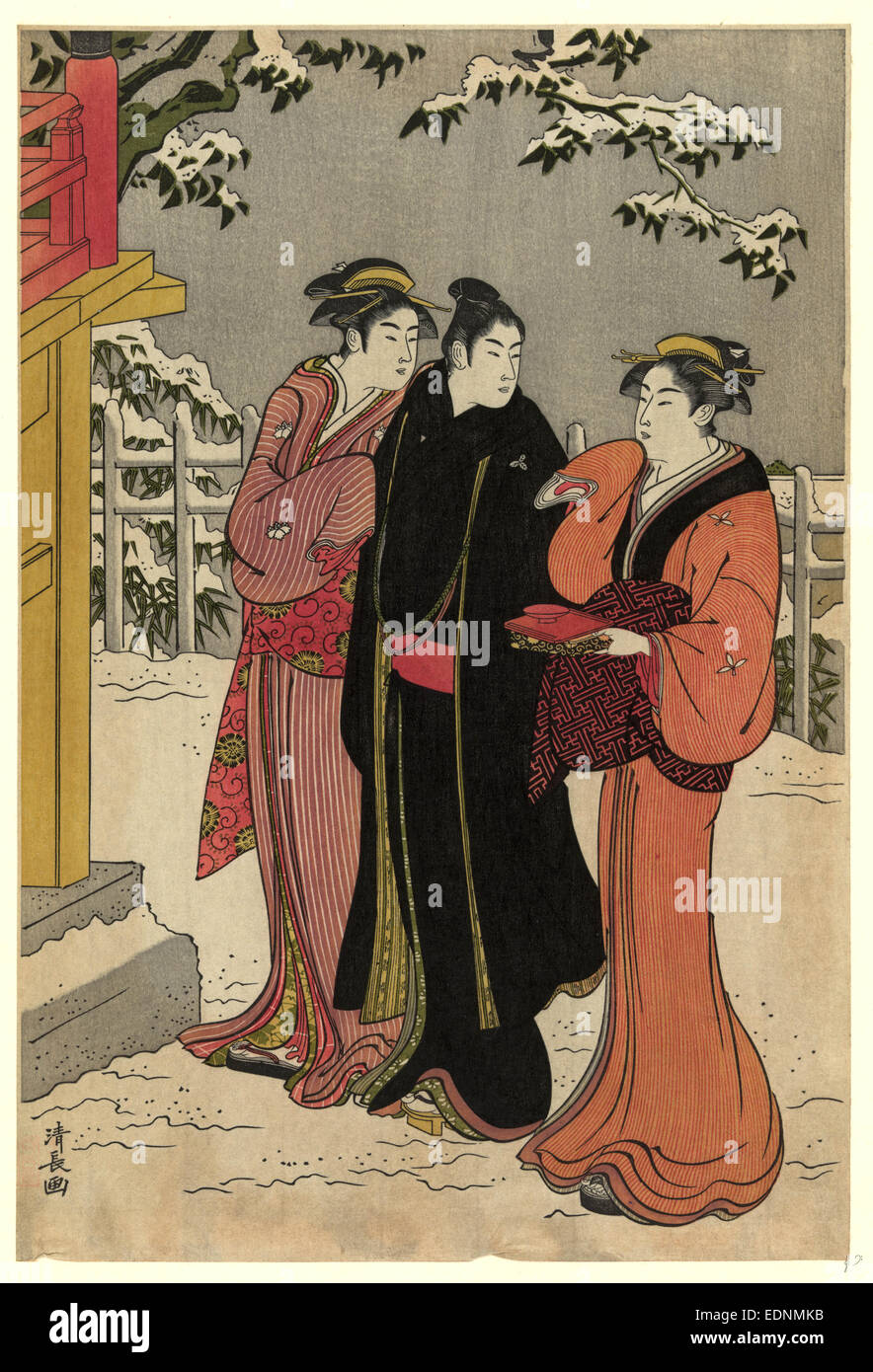 Matsuchiyama no yukimi, Viewing snow at Mount Matchi., Torii, Kiyonaga, 1752-1815, artist, [1784, printed later], 1 print : woodcut, color., Print shows a man and two women standing in the snow outside a shrine, one woman carries an offering. Stock Photo
