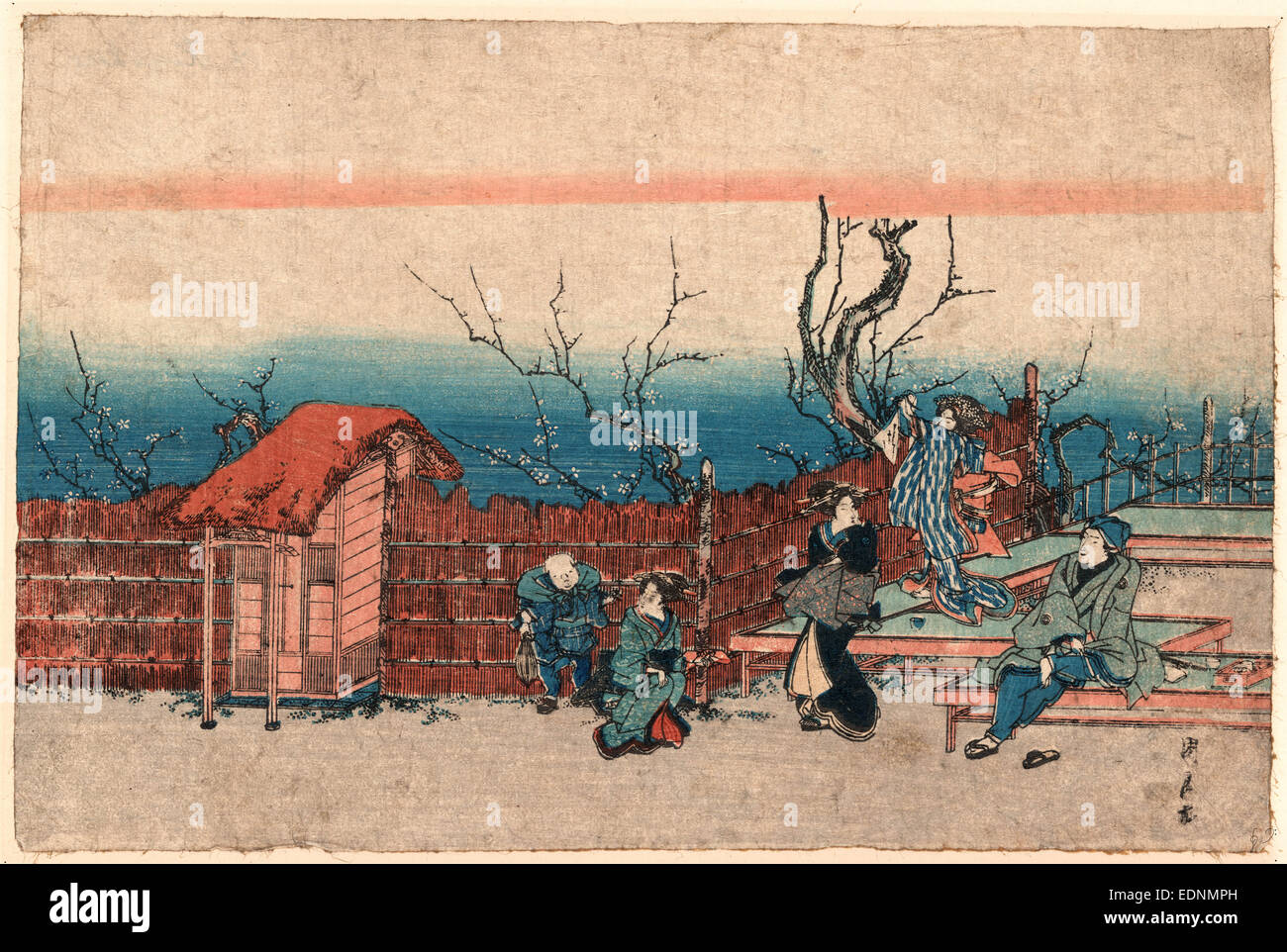 Kameido umeyashiki, Villa at Kameido., Utagawa, Kunitora, -1868, artist, [between 1830 and 1868], 1 print : woodcut, color ; 22.9 x 34.1 cm., Print shows a family within the bamboo walls of a riverside villa. Stock Photo