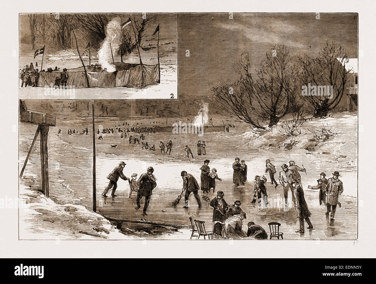 THE FROZEN THAMES AT TWICKENHAM, UK, 1881: 1. Skating on the River. 2. Roasting the Sheep. Stock Photo