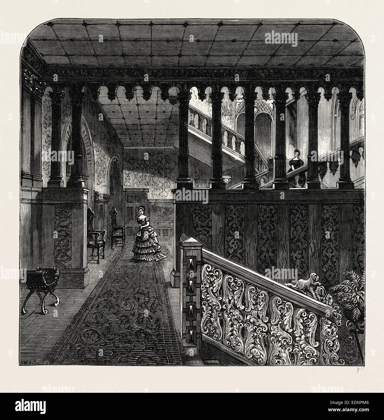 Grand staircase Holland House London c1880 old antique print HOLLAND PARK