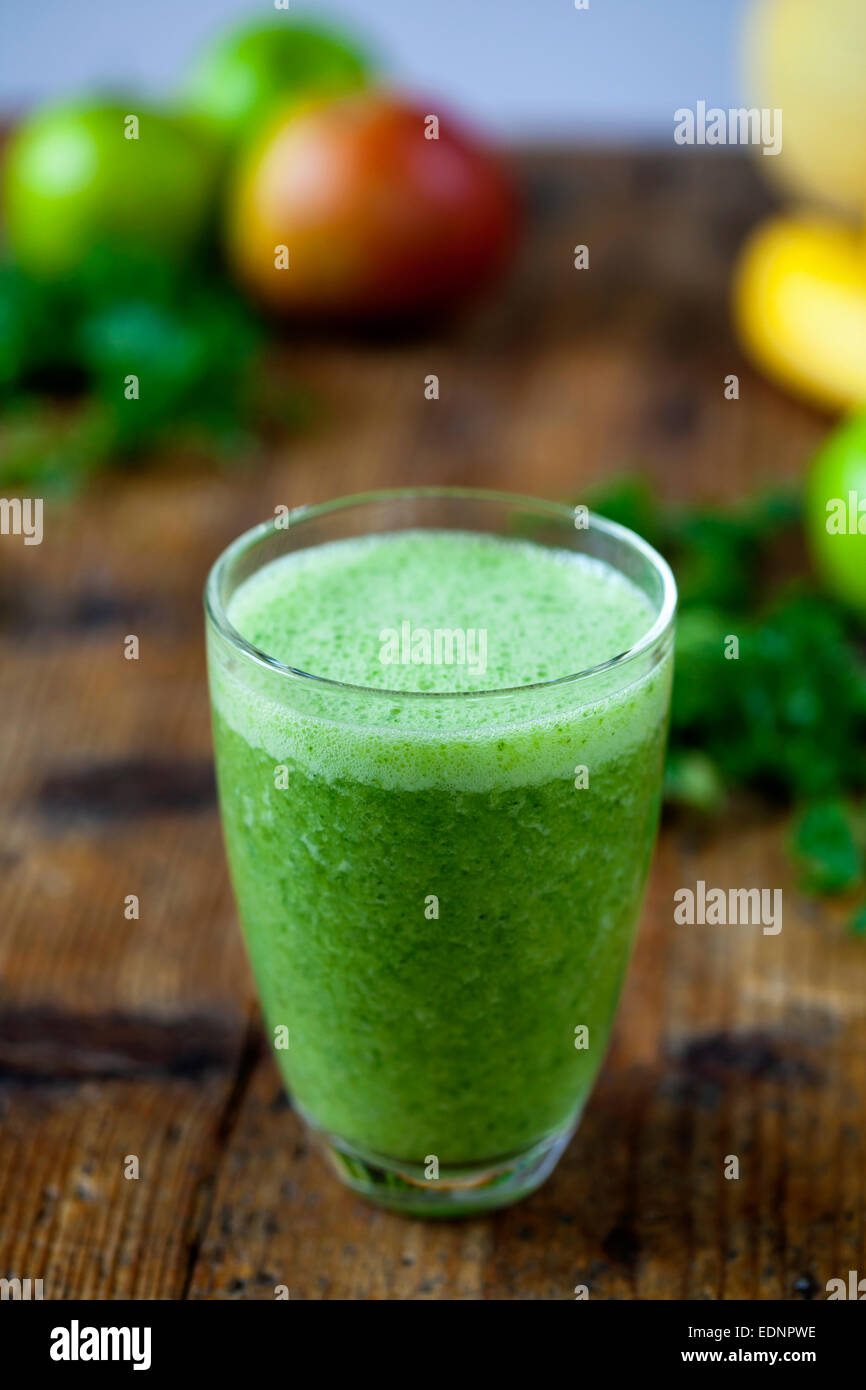 Green smoothies with kale and apples Stock Photo