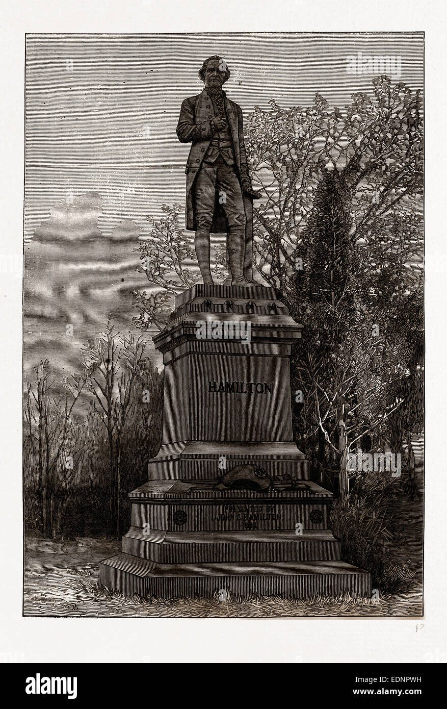 STATUE OF ALEXANDER HAMILTON, CENTRAL PARK, 19th century engraving, USA, America Stock Photo