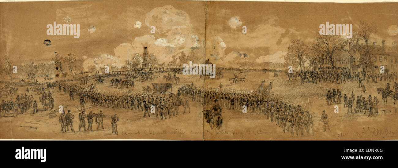Scene at Chancellorsville during the battle, May 1st 1863, by Alfred R Waud, 1828-1891, an american artist famous for his American Civil War sketches, America, US, 1863 May 1, drawing on light brown paper pencil and Chinese white; 17.2 x 52.8 cm. (sheet), Stock Photo