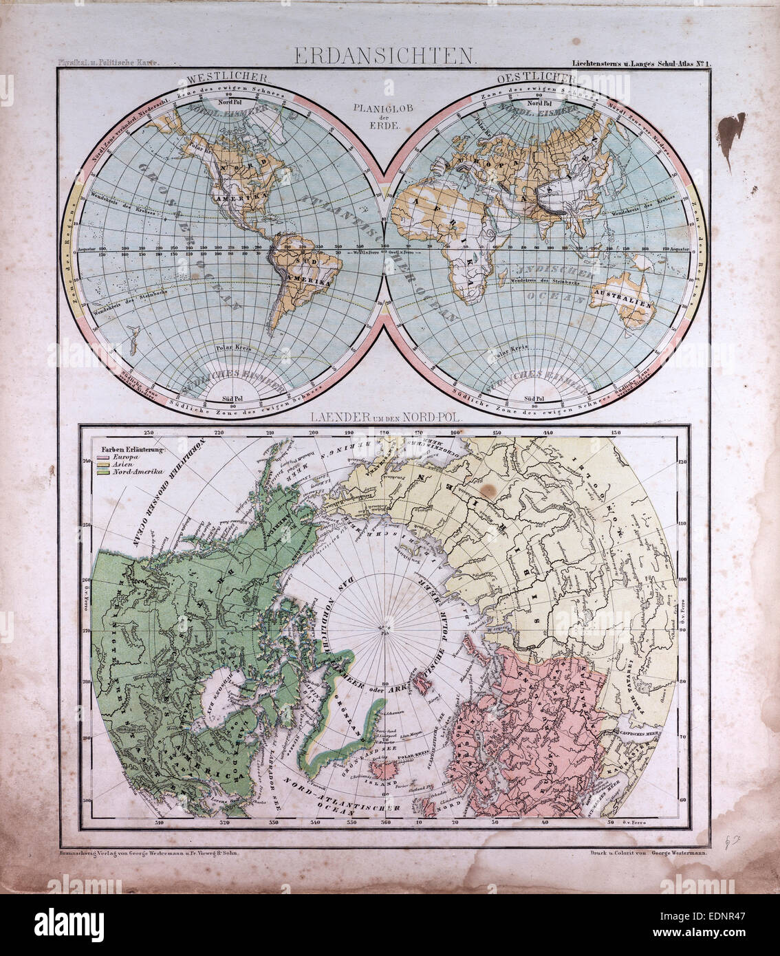 Earth Map, atlas by Th. von Liechtenstern and Henry Lange, antique map 1869 Stock Photo