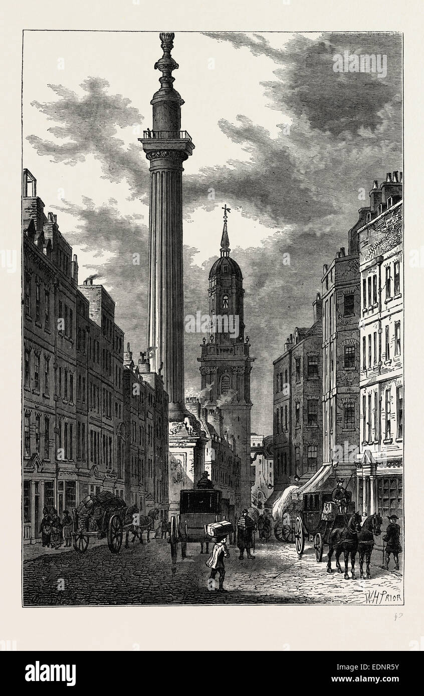 THE MONUMENT AND THE CHURCH OF ST. MAGNUS, ABOUT 1800 London, UK, 19th century engraving Stock Photo