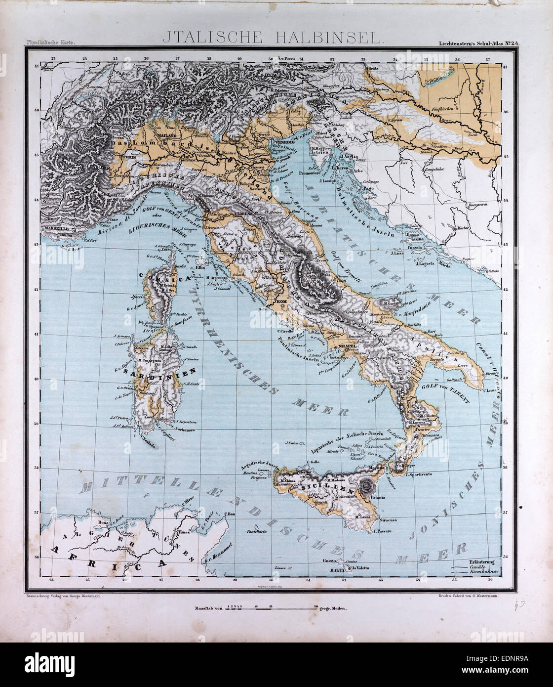 Italy, atlas by Th. von Liechtenstern and Henry Lange, antique map 1869 Stock Photo