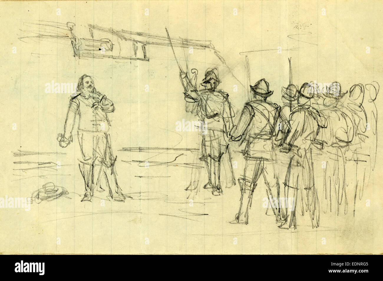 Scene with conquistadors, 1860-1865, drawing, 1862-1865, by Alfred R Waud, 1828-1891, an american artist famous for his American Civil War sketches, America, US Stock Photo