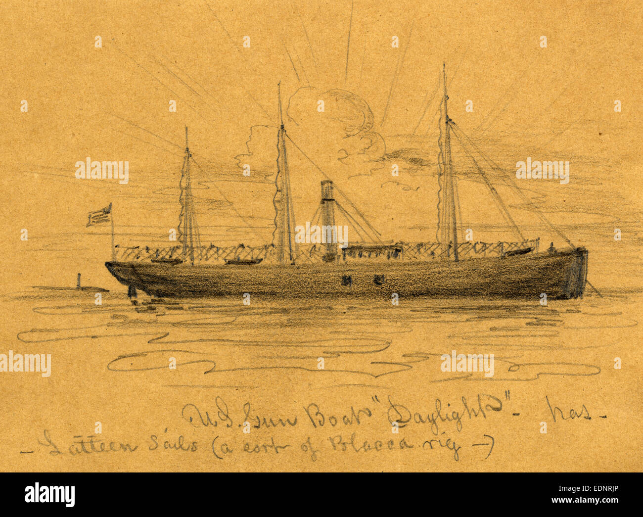 U.S. Gun Boat Daylight, between 1860 and 1865, drawing on brown paper pencil, 10.2 x 14 cm. (sheet), 1862-1865, by Alfred R Waud Stock Photo