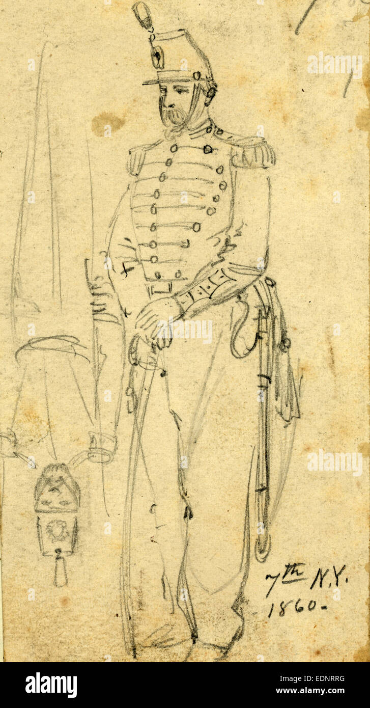 Sketches of soldiers wearing the 7th New York Cavalry regiment uniform, 1861, drawing on cream paper pencil Stock Photo