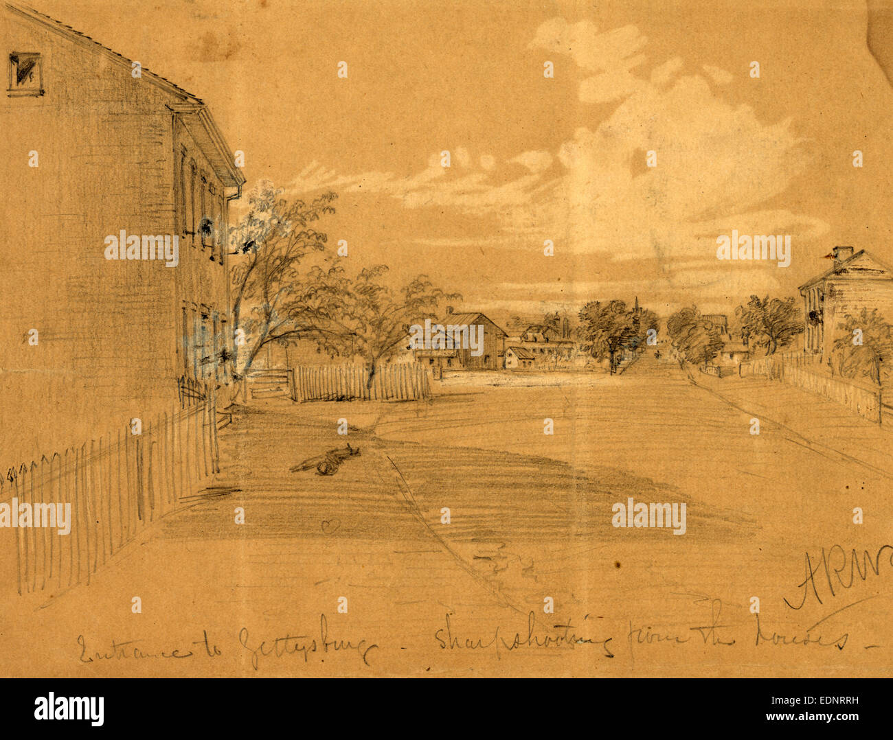 Entrance to Gettysburg, sharpshooting from the houses, 1863 July, drawing on light brown paper, pencil and Chinese white Stock Photo