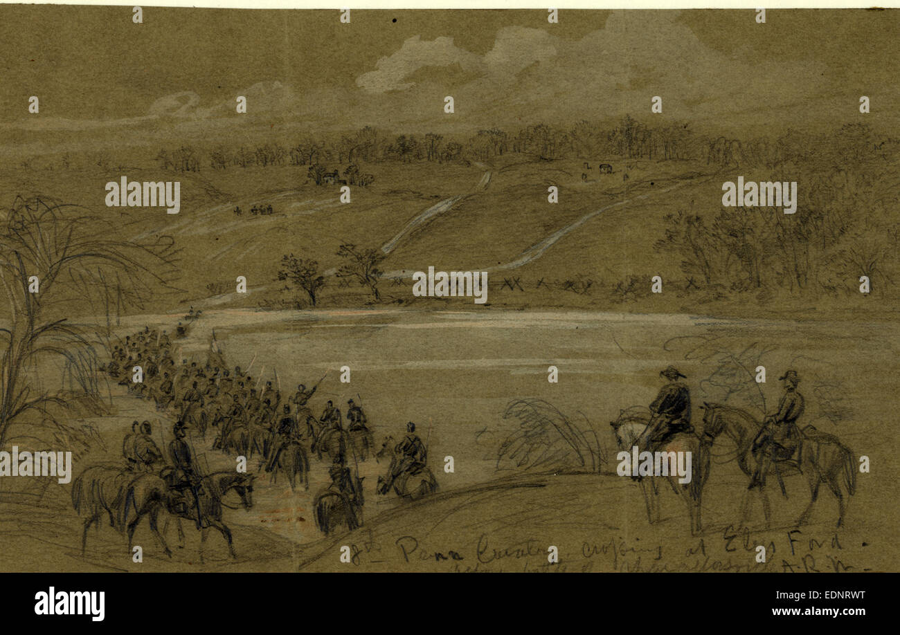 8th Penn Cavalry, crossing at Ely's Ford, before battle of Chancellorsville, 1863 April-May, drawing on olive paper pencil Stock Photo