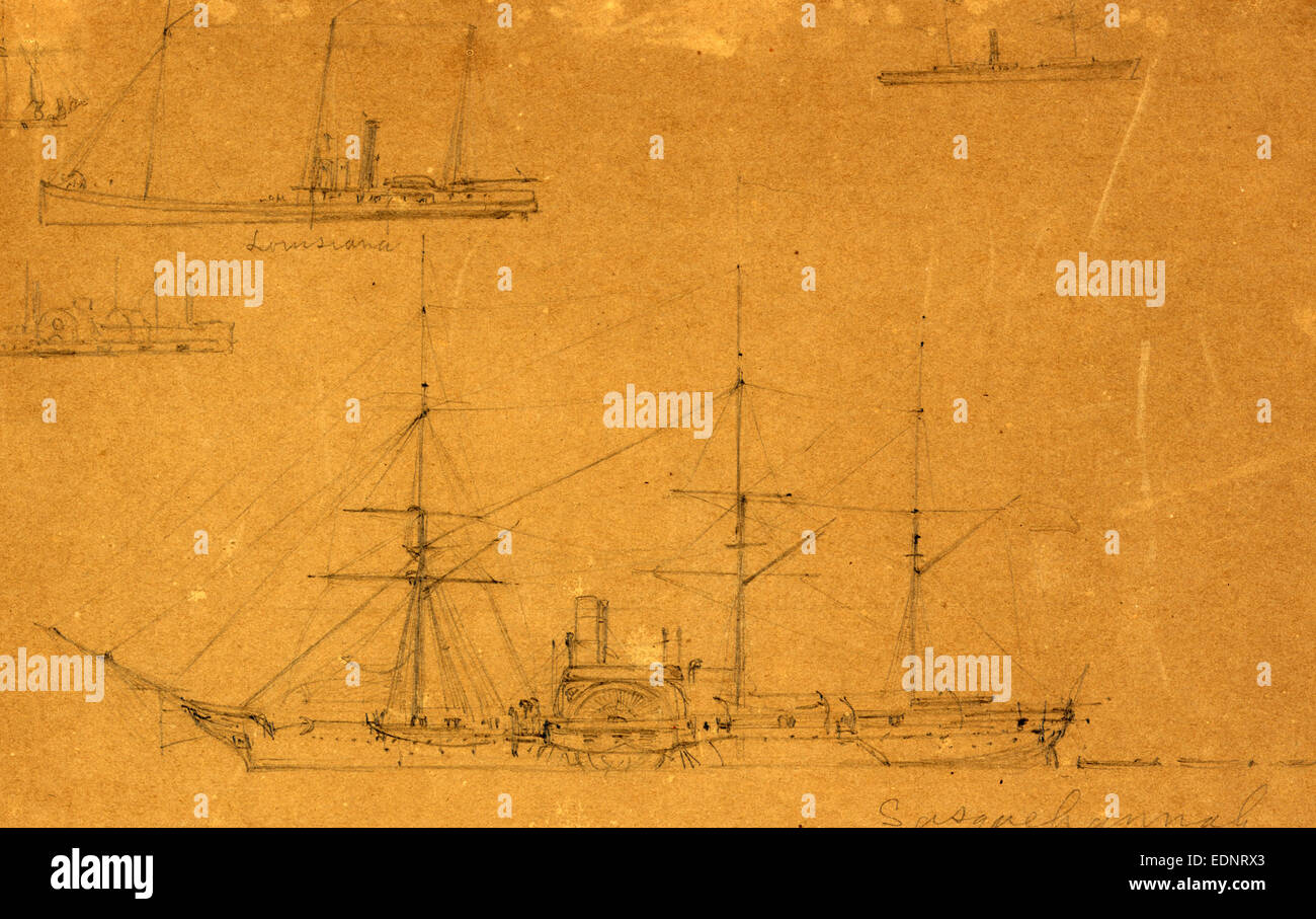 Five broadside views of steamships and a sailboat, between 1860 and 1865, drawing on brown paper pencil Stock Photo