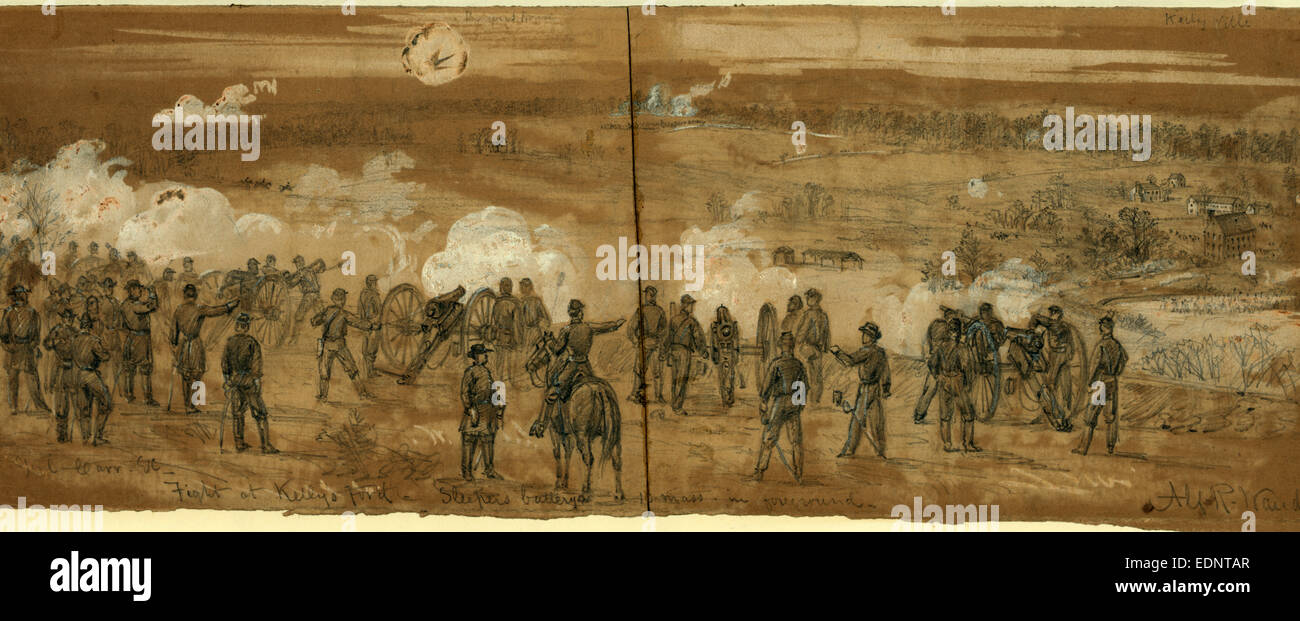 Fight at Kelly's Ford Sleepers battery, 1863 November 7, drawing on brown paper pencil and Chinese white Stock Photo