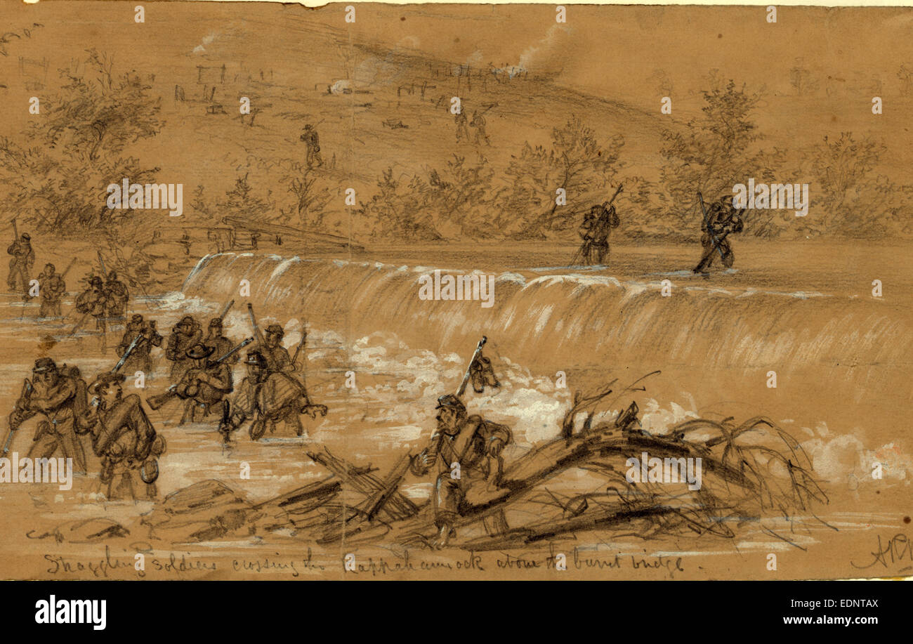 Straggling soldiers crossing the Rappahannock above the burnt bridge, 1863 October, drawing on tan paper pencil Stock Photo