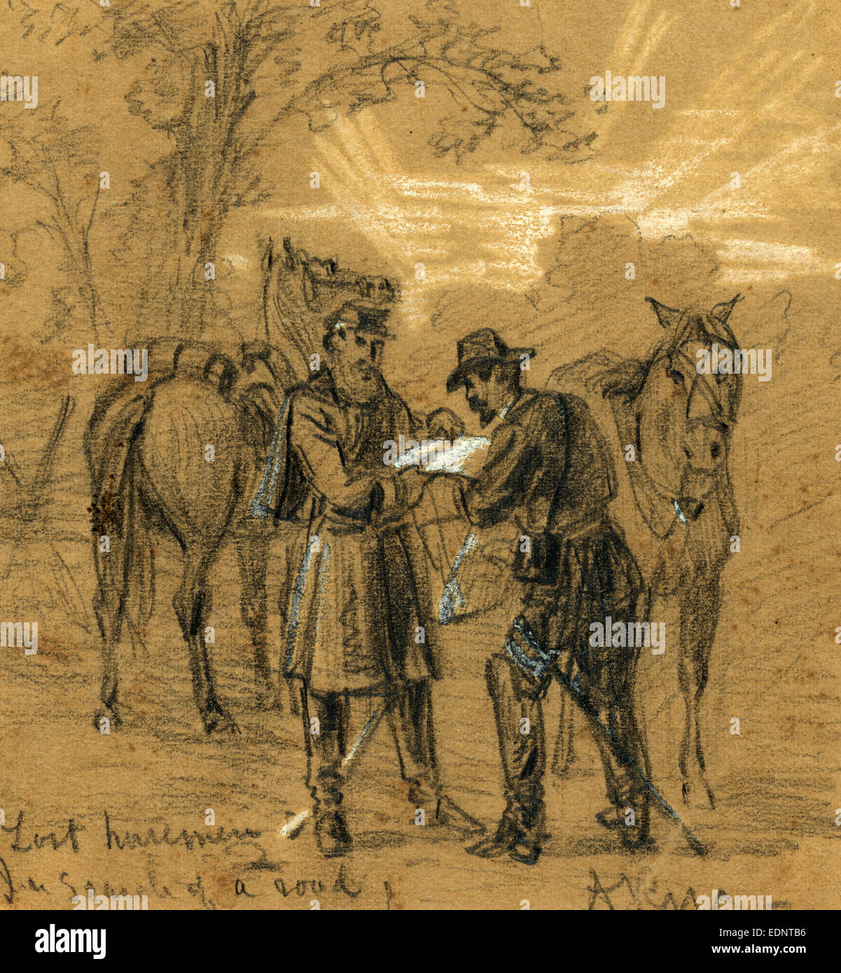 Lost horsemen. In search of a road, 1862 ca. November, drawing on brown paper pencil and Chinese white Stock Photo
