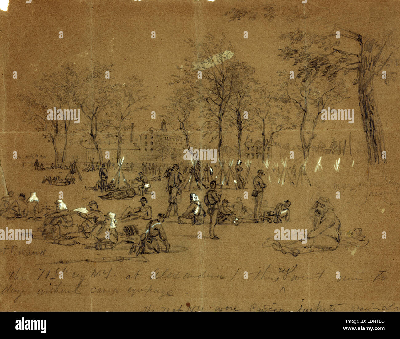 The 71st reg. N.Y. at Alexandria, 1861 May 24-31, drawing on brown paper pencil and Chinese white Stock Photo