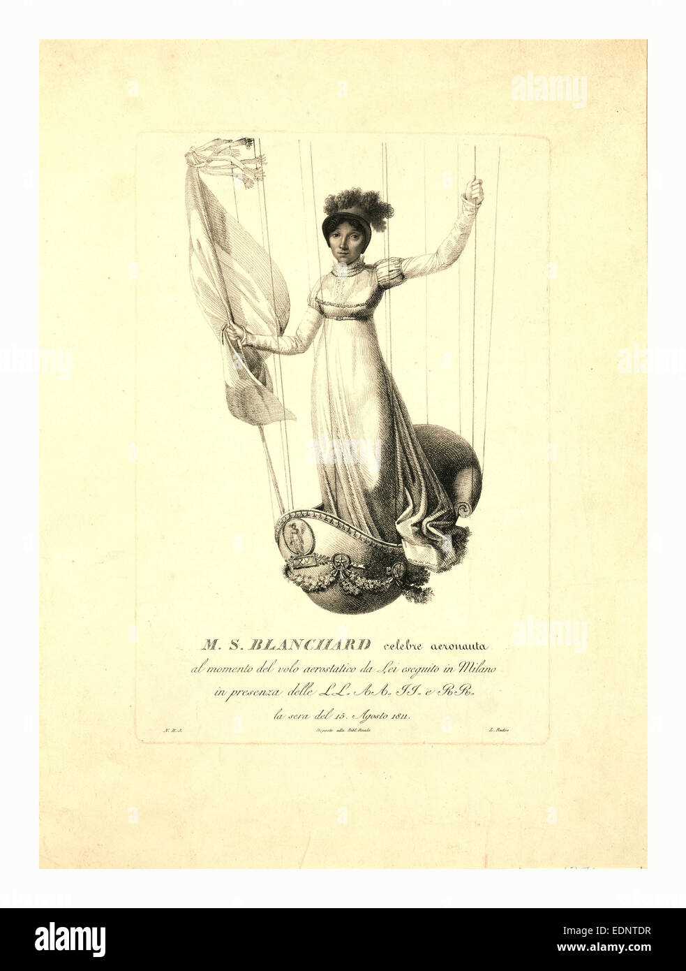 M.S. Blanchard,  (Madeleine Sophie Armand) French aeronaut, 19th century engraving Stock Photo