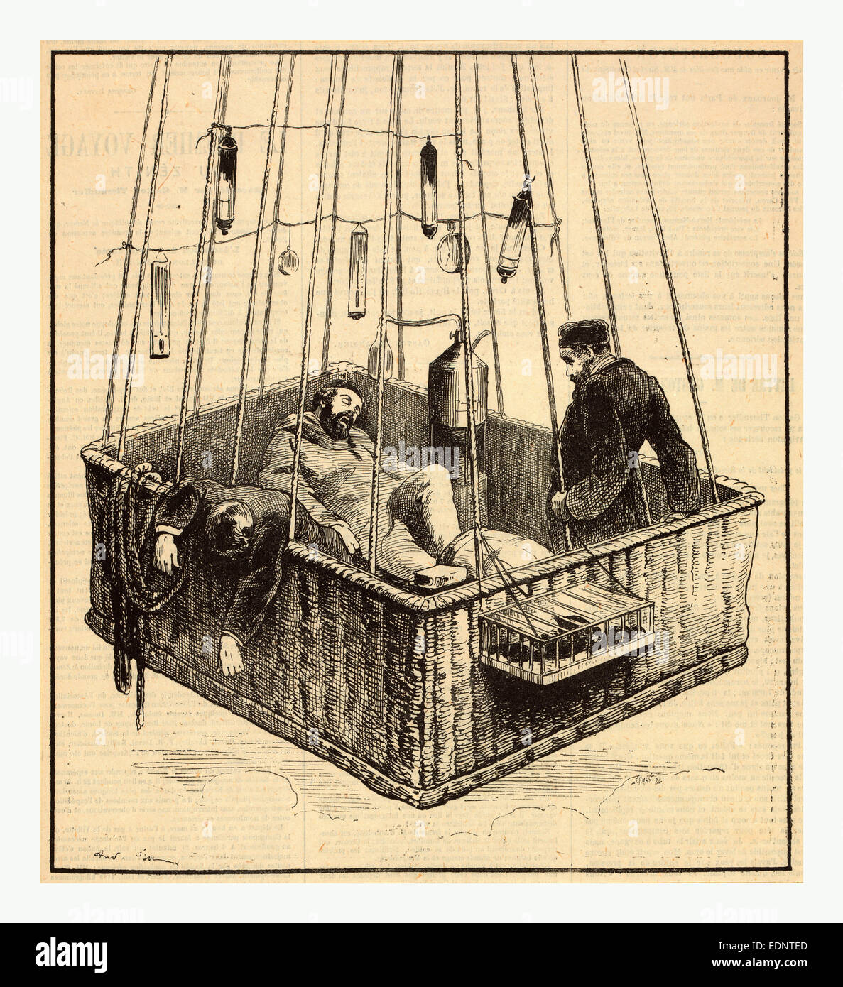 View of journalist Joseph Crocé-Spinelli, naval officer Henri Sivel, and Gaston Tissandier in the basket of the balloon, Zénith Stock Photo