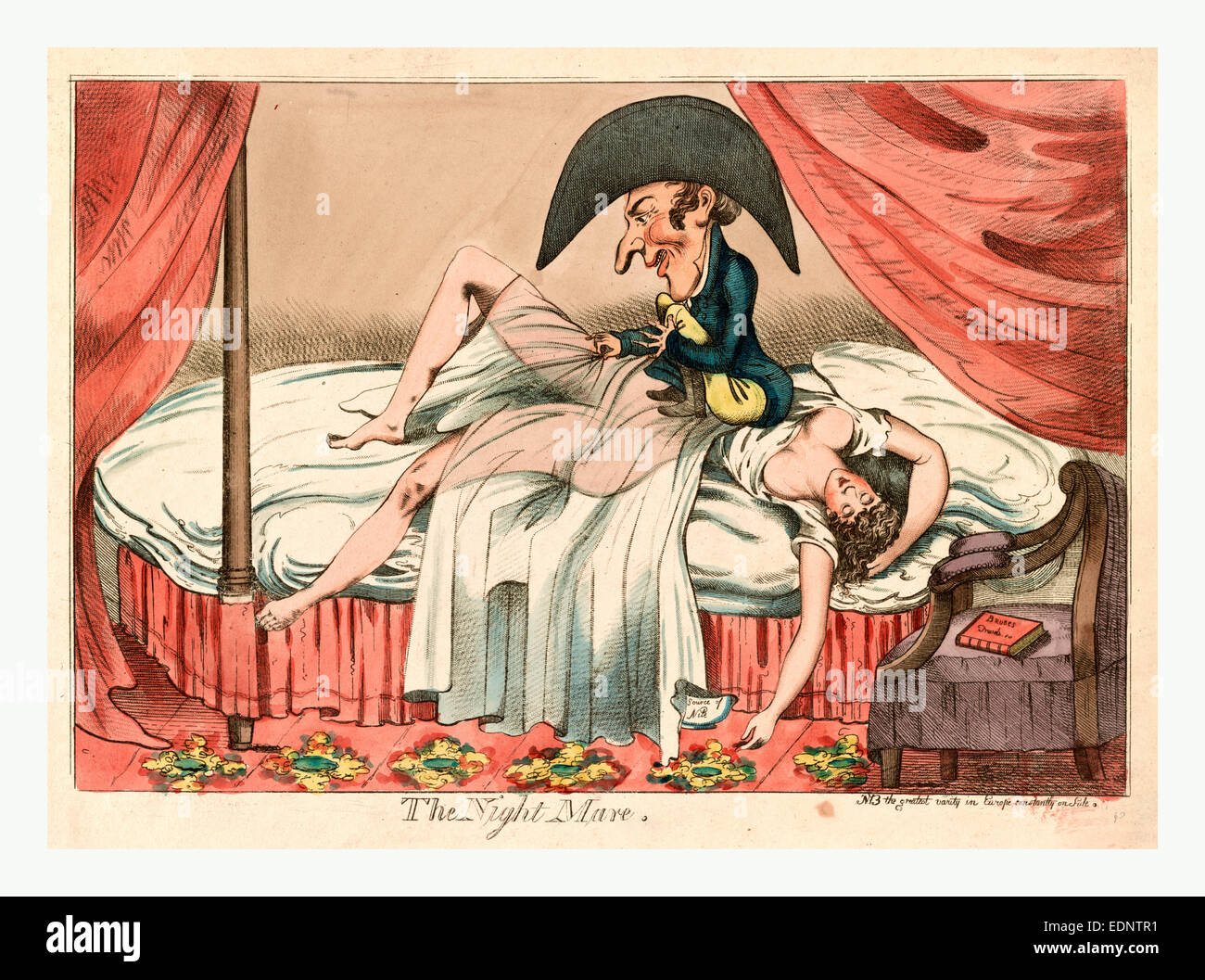 1790, a scantily clad woman asleep on a bed, a little man sitting on her chest