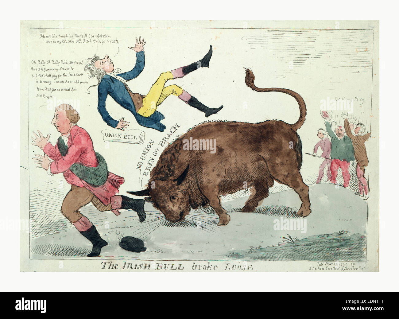 The Irish bull broke loose, Cruikshank, Isaac, 1756?-1811?, engraving 1799,  the Irish Bull tossing William Pitt into the air Stock Photo