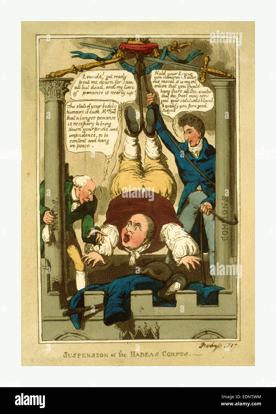 Suspension of the habeas corpus, 1817, John Bull suspended by his feet