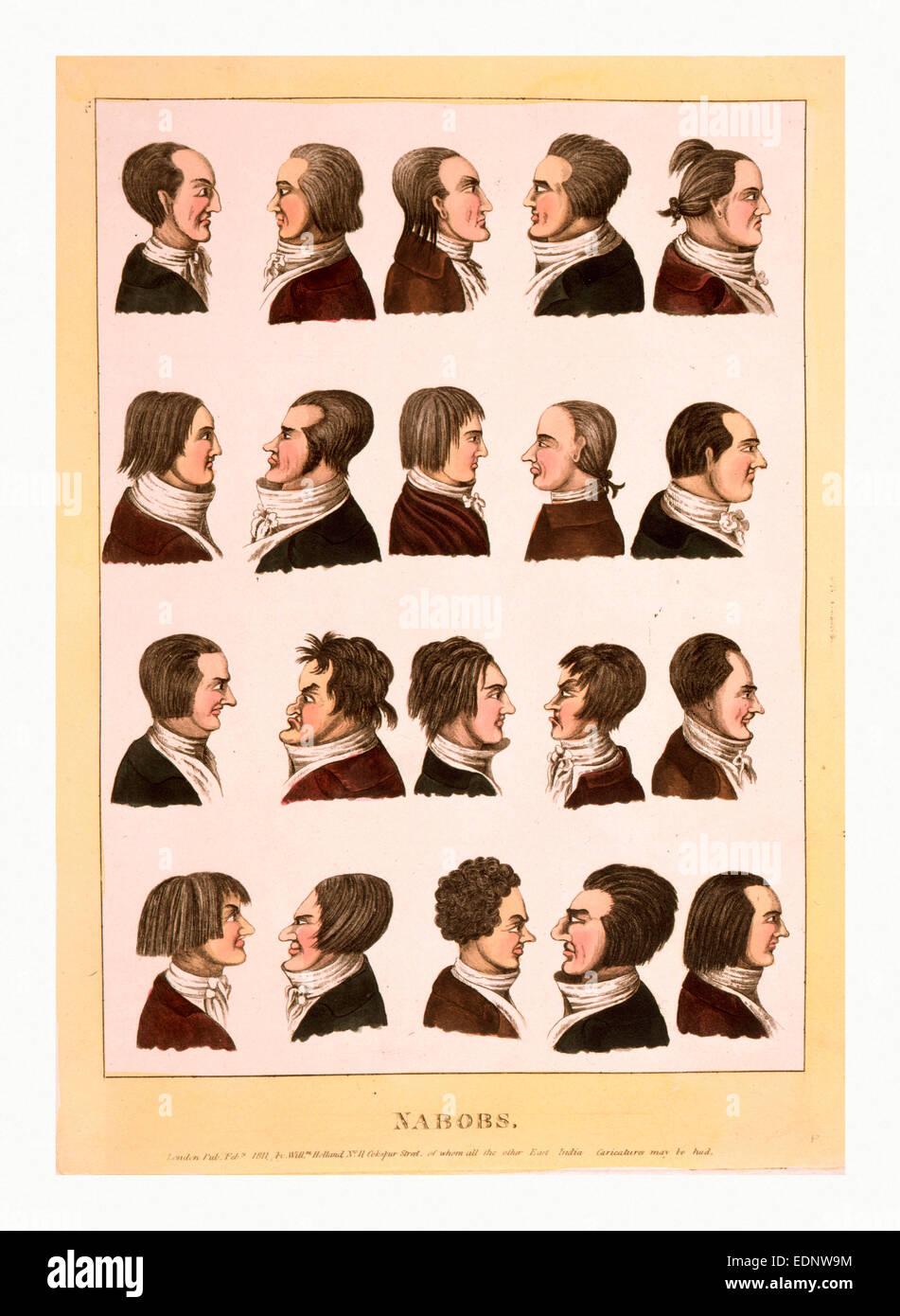 Engraving 1811, profile portraits of 20 men, called nabobs, who are representatives of the East India Company Stock Photo