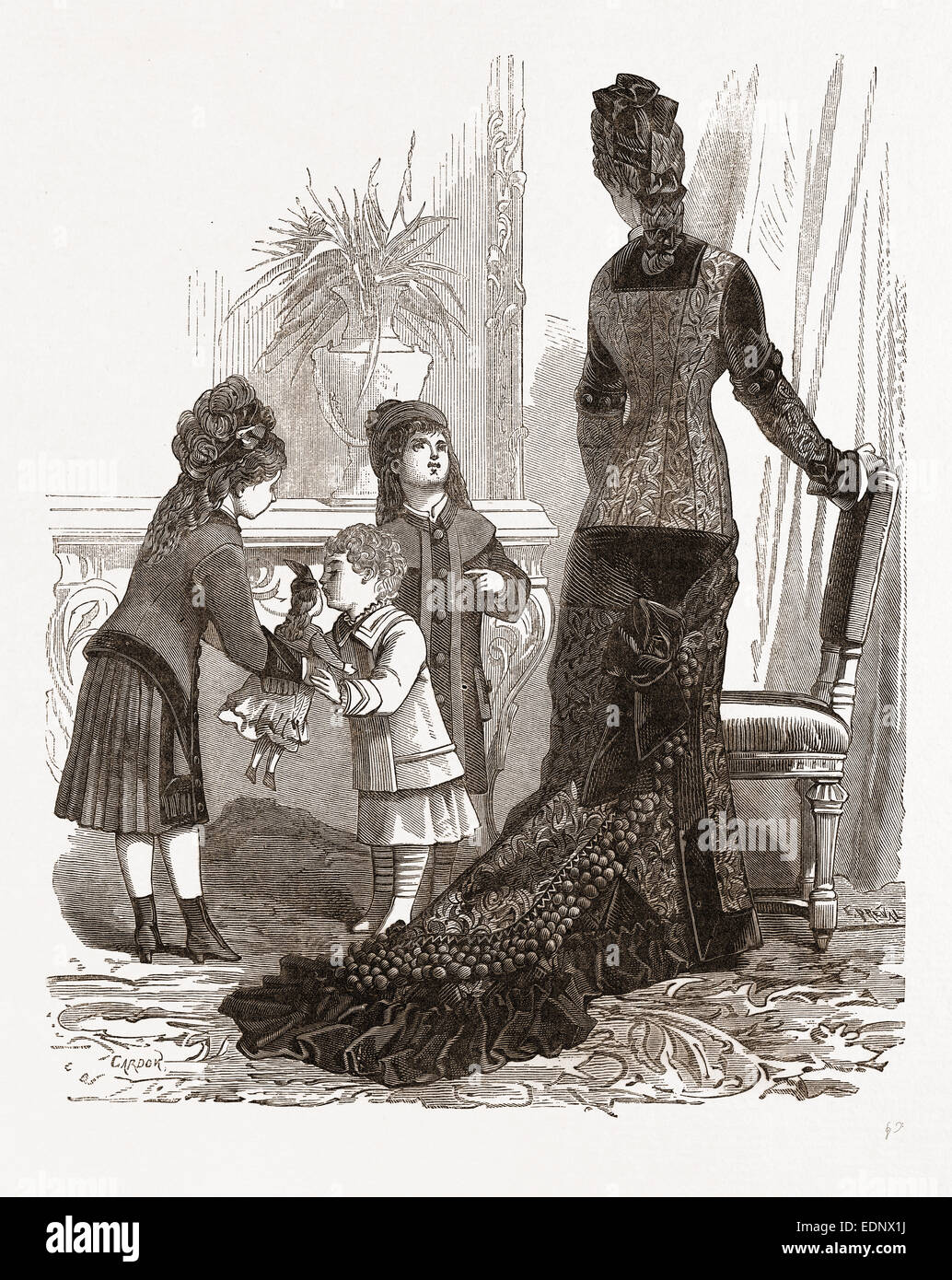 COSTUMES FOR A YOUNG MOTHER AND CHILDREN, 19th CENTURY FASHION Stock Photo