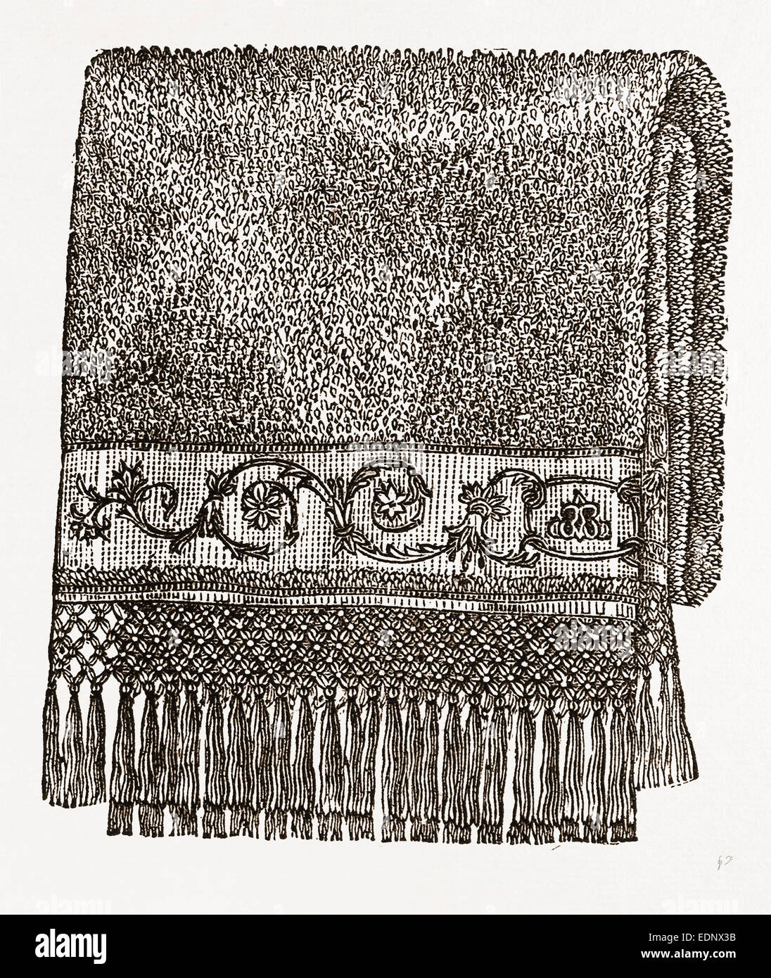TOWEL EMBROIDERED IN CORD STITCH, NEEDLEWORK, 19th CENTURY EMBROIDERY Stock Photo