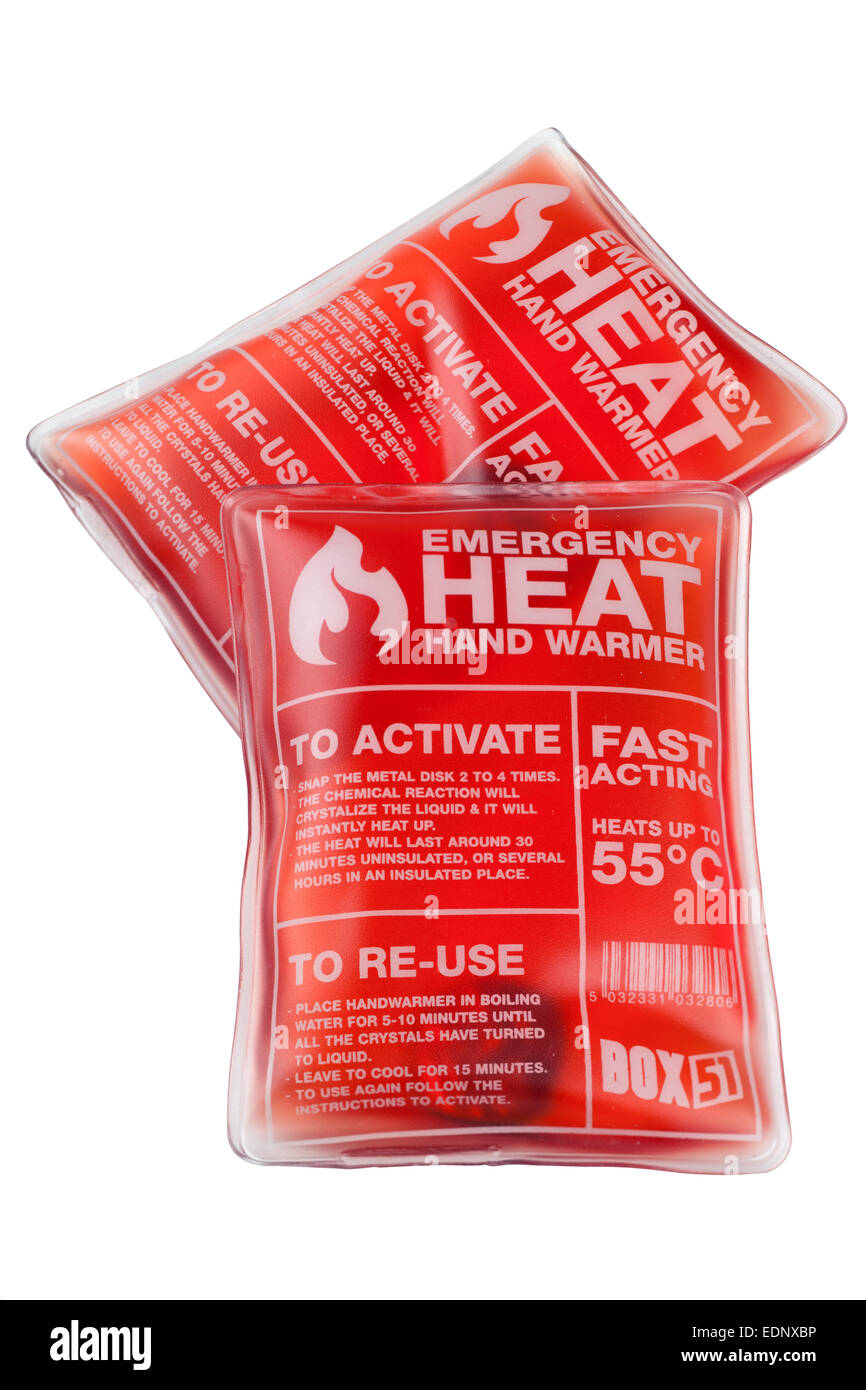 Two emergency heat hand warmers fast acting and reusable from box 51 Stock Photo