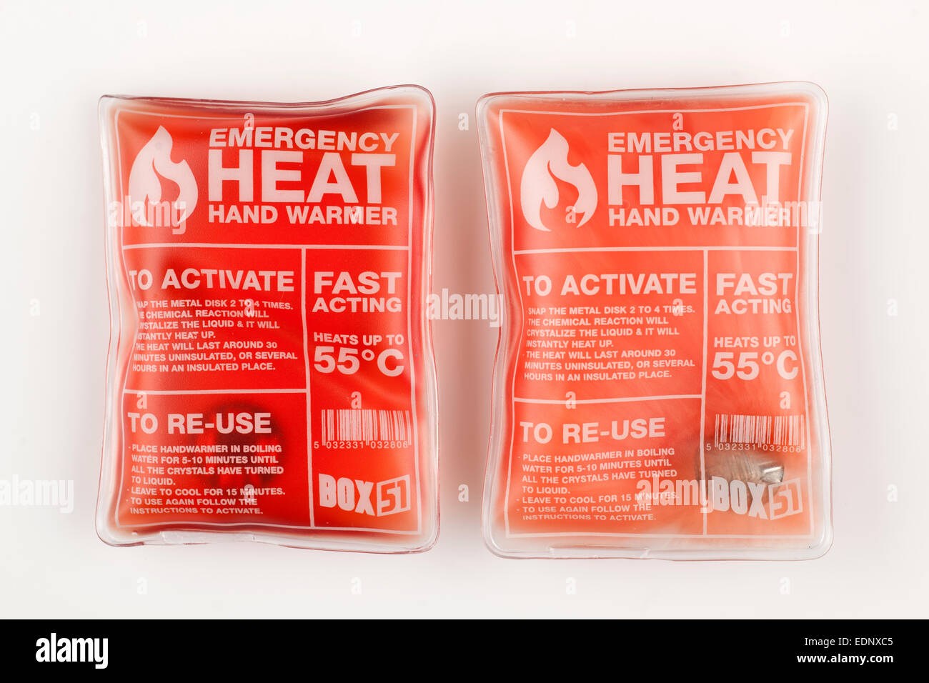 Two emergency heat hand warmers fast acting and reusable right one has